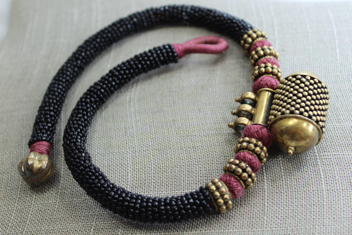 Stunning Ethnic Metal Pendant Black Bead Mauve Fiber Necklace choker