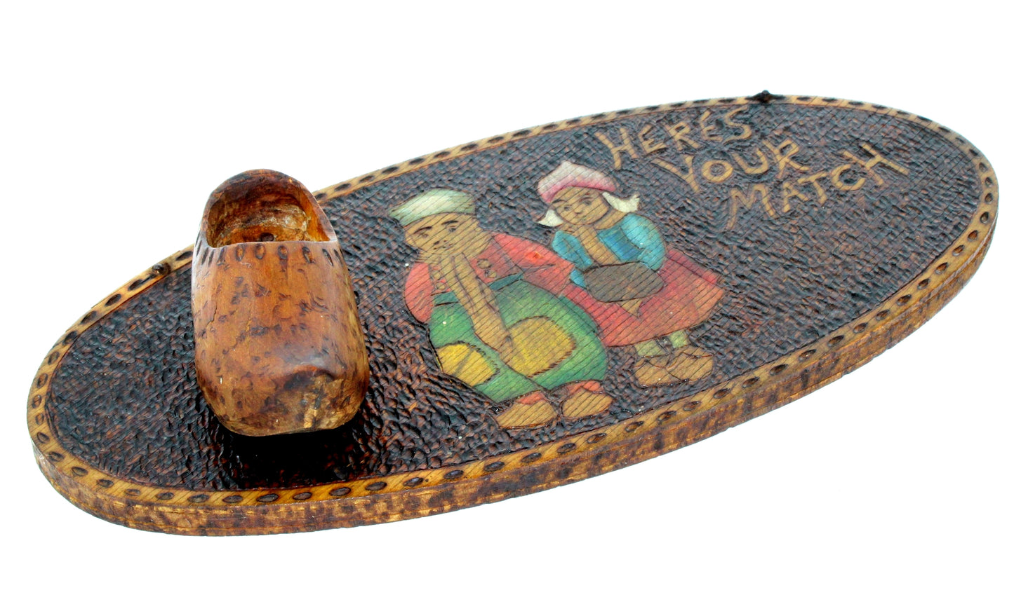 Antique Flemish Art Co. NY Pyrography Match Holder Dutch Boy Girl Wood Shoe Painted 100+ Years wood burning arts crafts