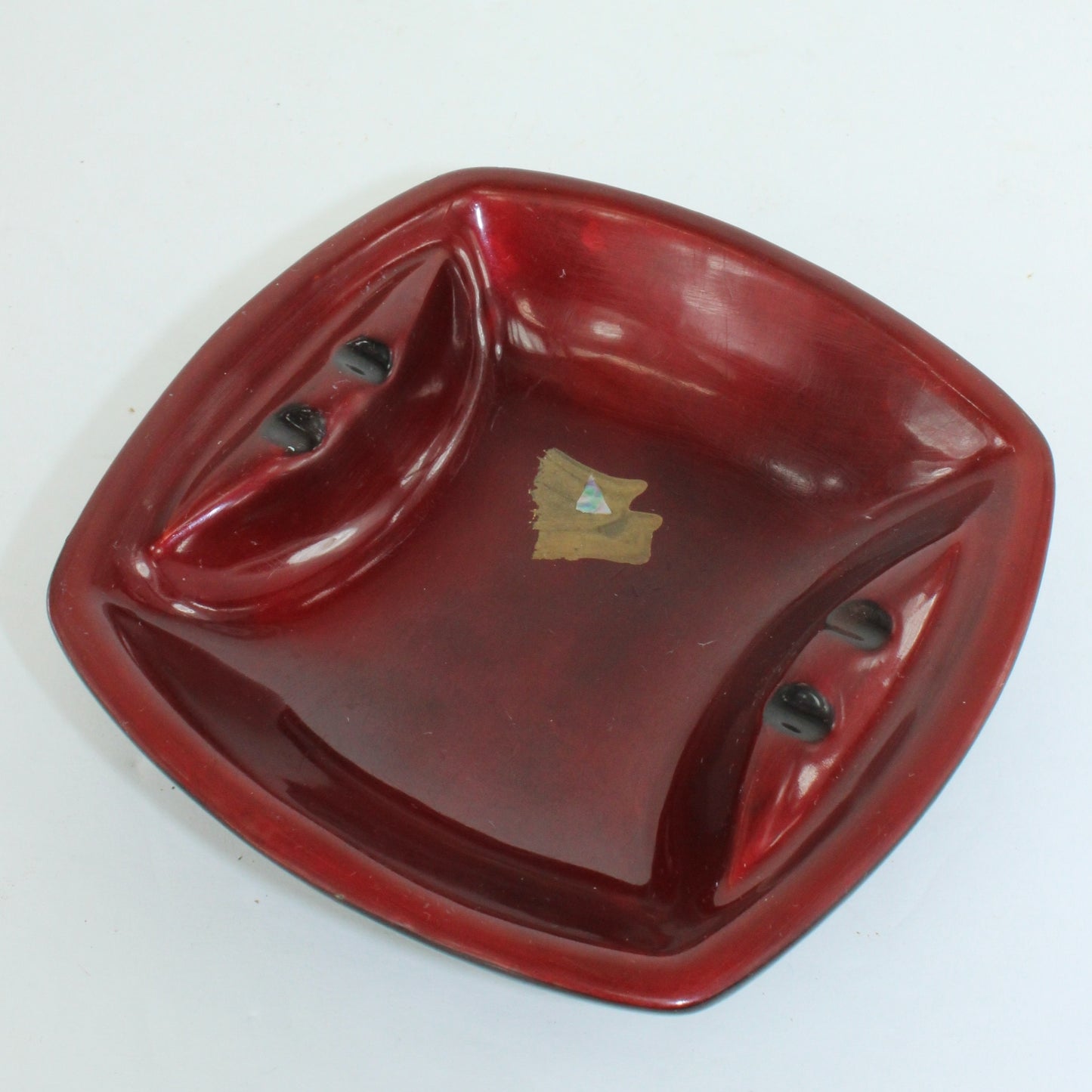 Black Glass Ashtray - Red Enamel Japan Mid Century Unusual Wood Shell Inserts