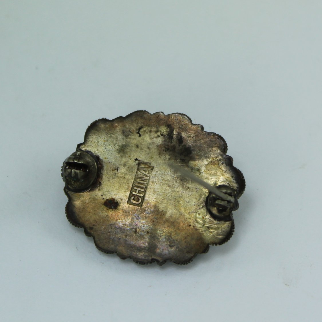 Antique China 2 Pins Brooches Intricate Ivory Brown Stone Estate reverse oval pin marked china