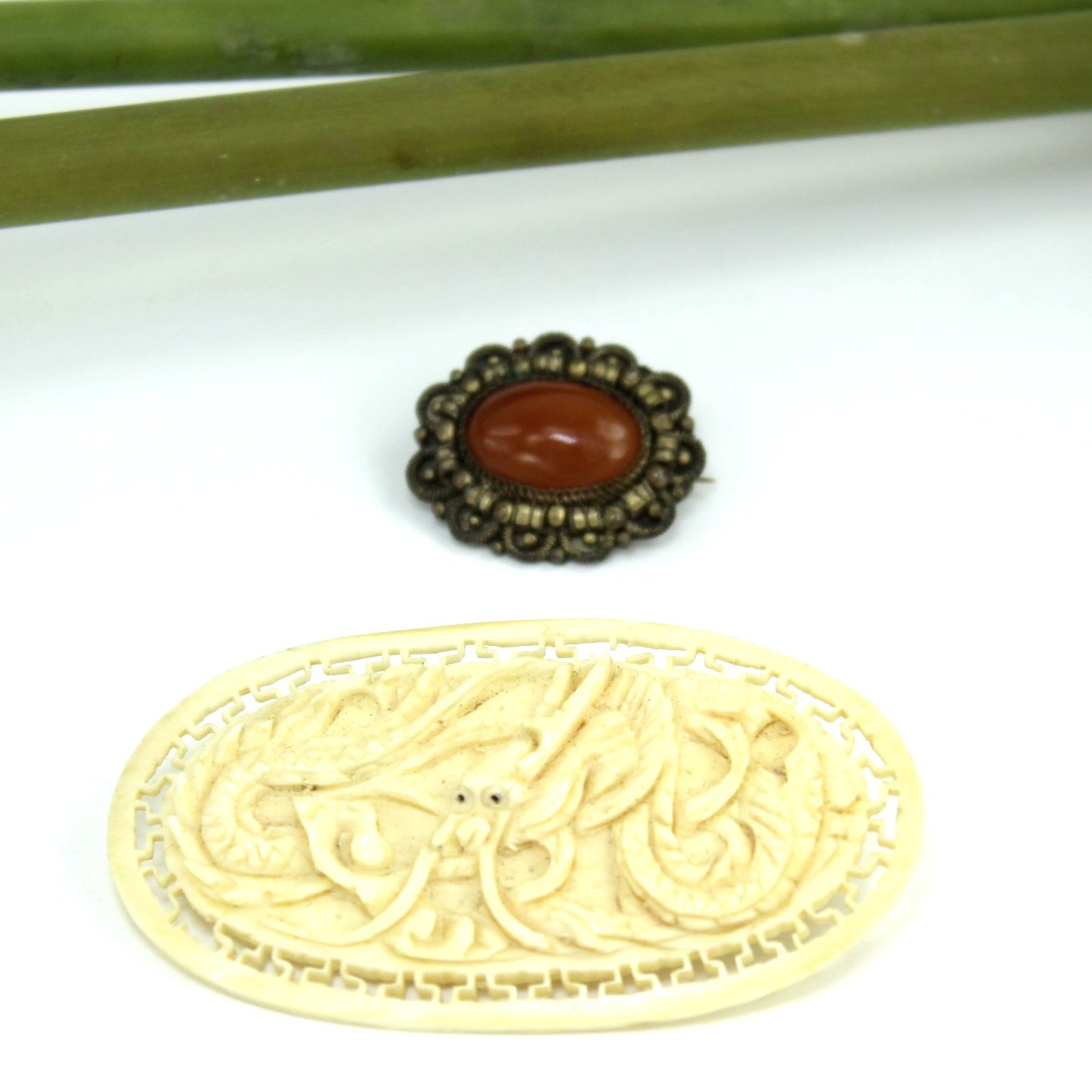 Antique China 2 Pins Brooches Intricate Ivory Brown Stone Estate