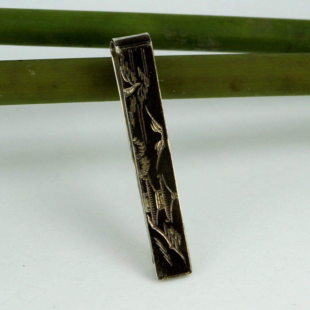 Old Damascene Sterling 950 Tie Bar Clip Black Silver "S" in Circle Mark