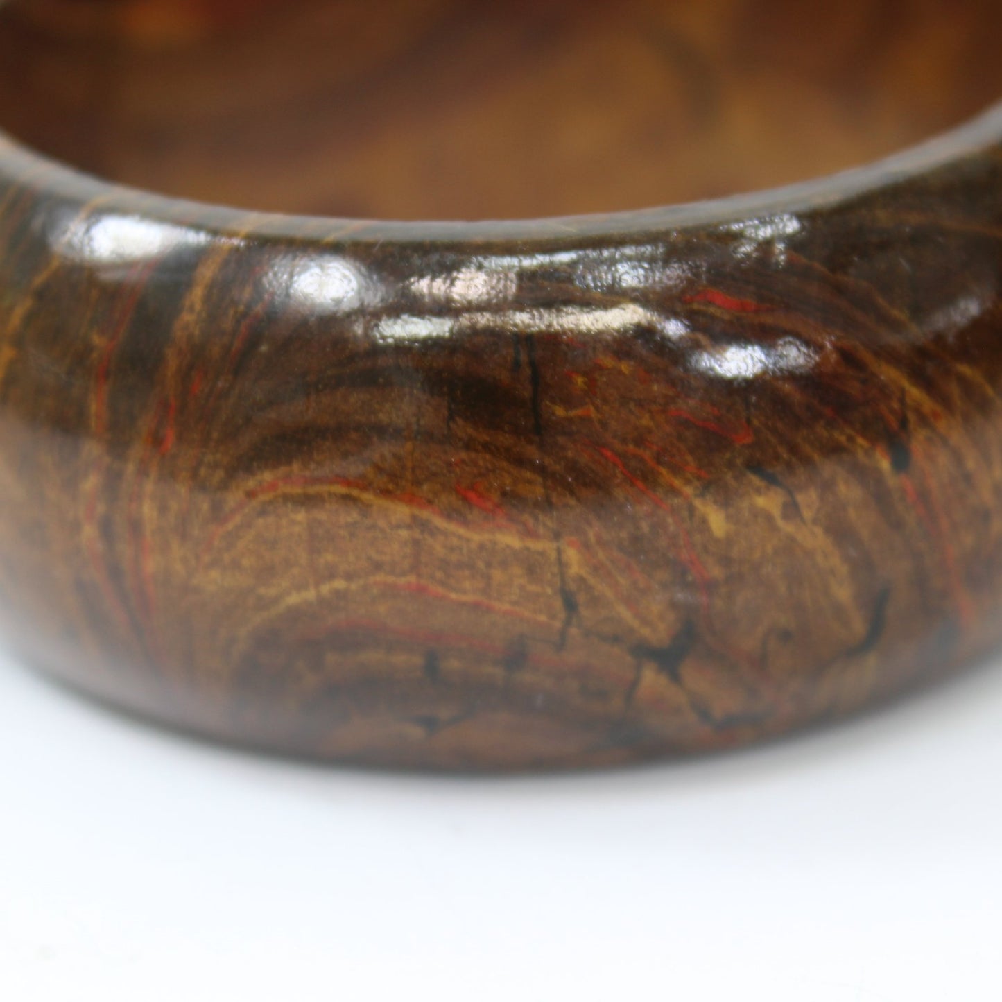 Wide Wood Bangle Bracelet T Kiless Artisan 1987 closeup red vein in wood