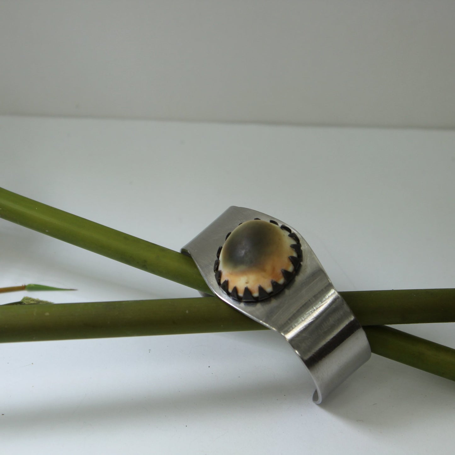 Operculum Clamp Bracelet Sweetheart WW 11 Trench Art Silver Military Metal front face view of bracelet