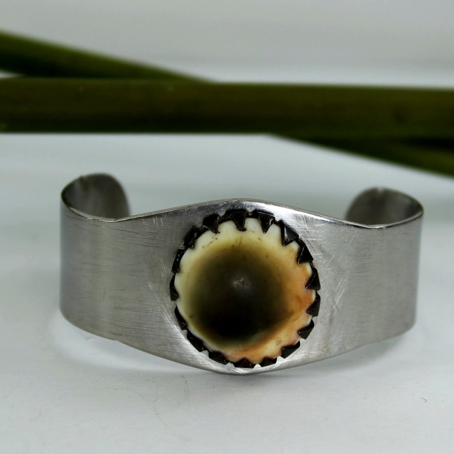 Operculum Clamp Bracelet Sweetheart WW 11 Trench Art Silver Military Metal view showing shape of bracelet