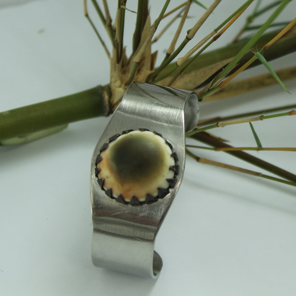 Operculum Clamp Bracelet Sweetheart WW 11 Trench Art Silver Military Metal large operculum shell set in sawtooth