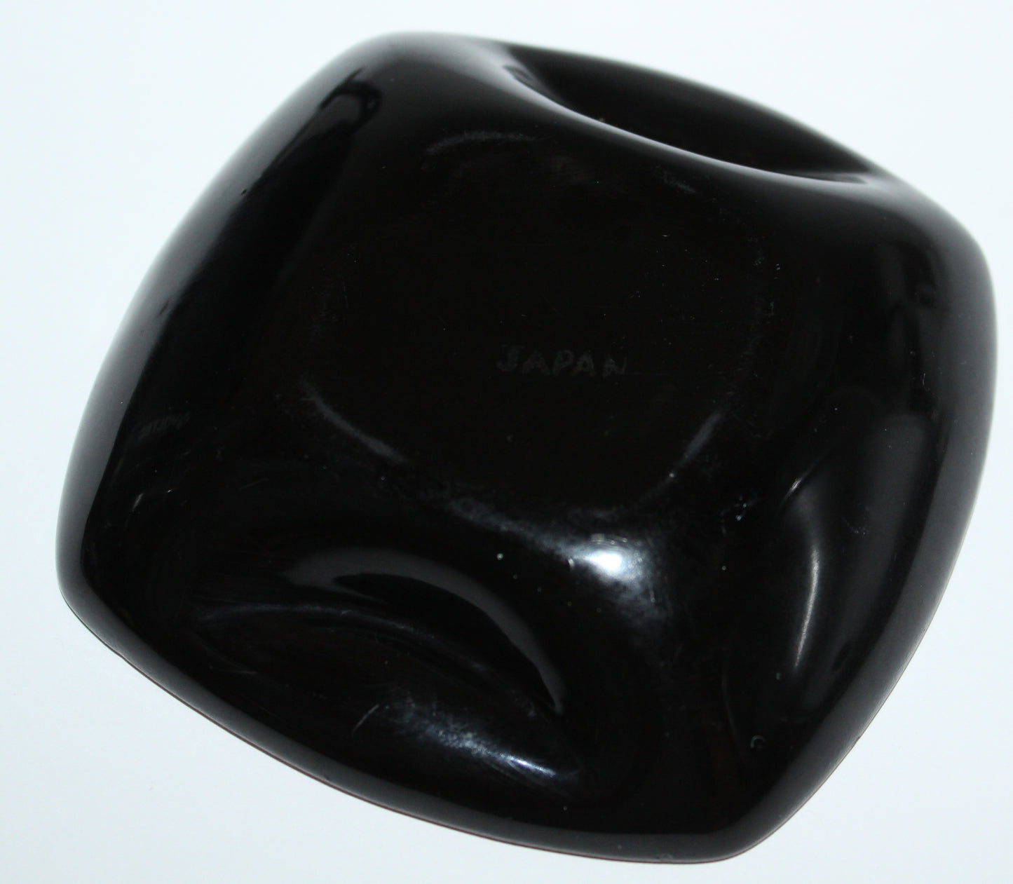 Black Glass Ashtray - Red Enamel Japan Mid Century Unusual Wood Shell Inserts black and red