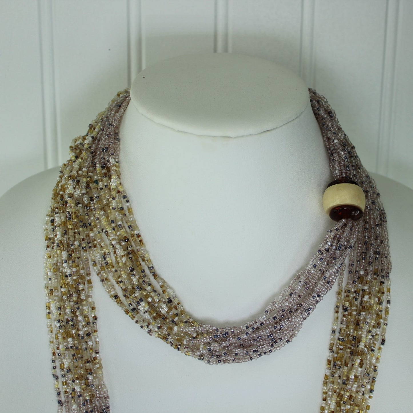 Glass Seed Bead Necklace Pastel Colors Tiny Pearls Opera Length 45" closeup at neck