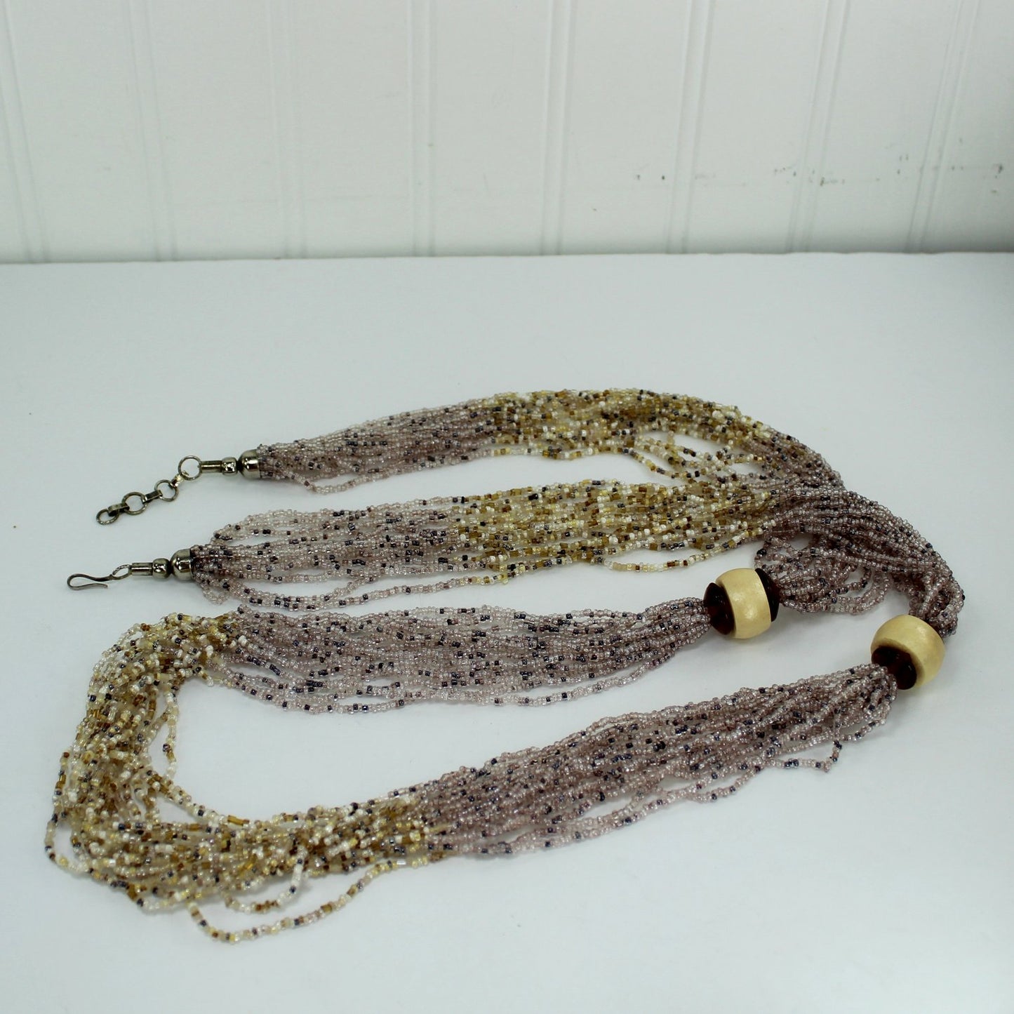 Glass Seed Bead Necklace Pastel Colors Tiny Pearls Opera Length 45" flat view necklace showing length