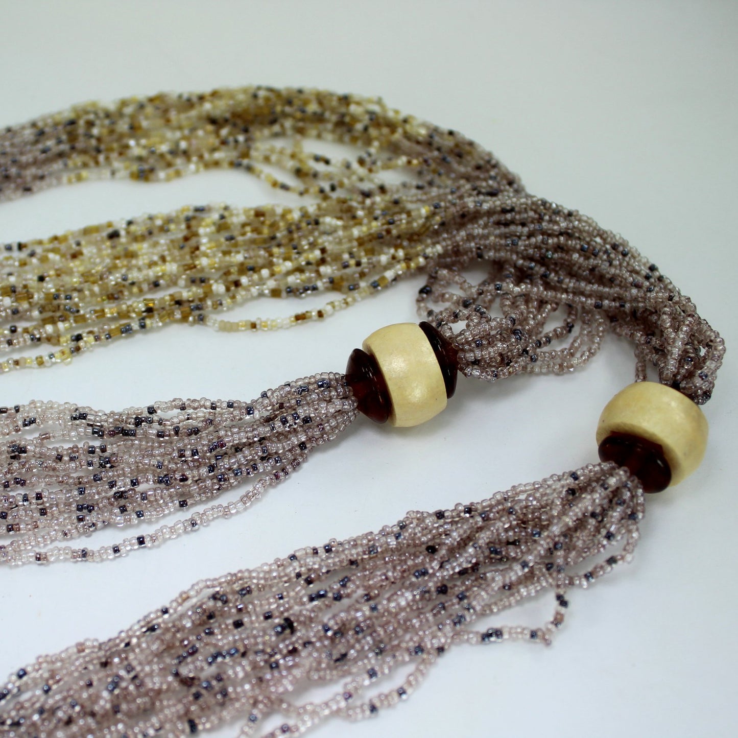 Glass Seed Bead Necklace Pastel Colors Tiny Pearls Opera Length 45" closeup flat view