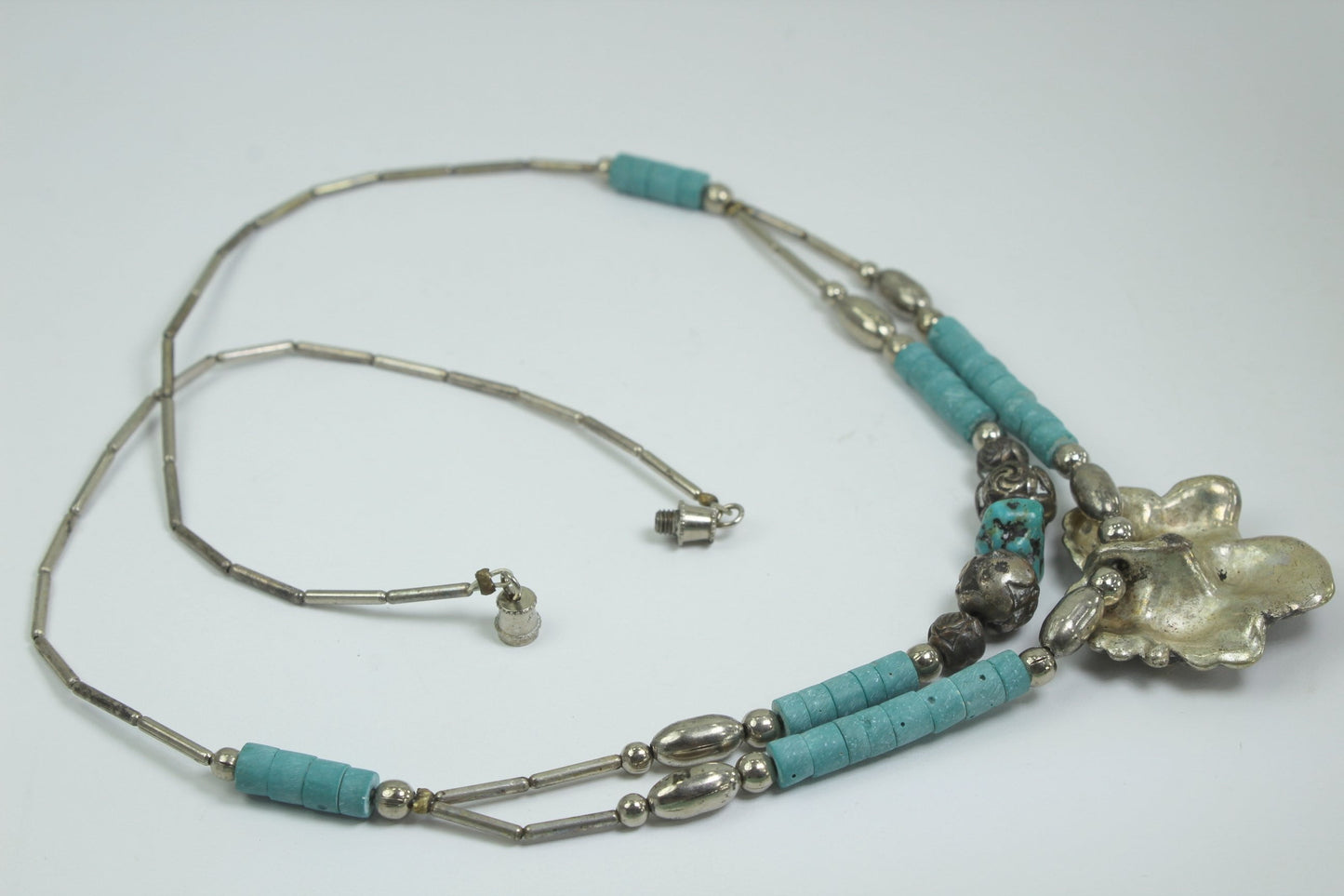 Southwest Necklace Turquoise Silver Beads Flower Focal 2 Strand unique