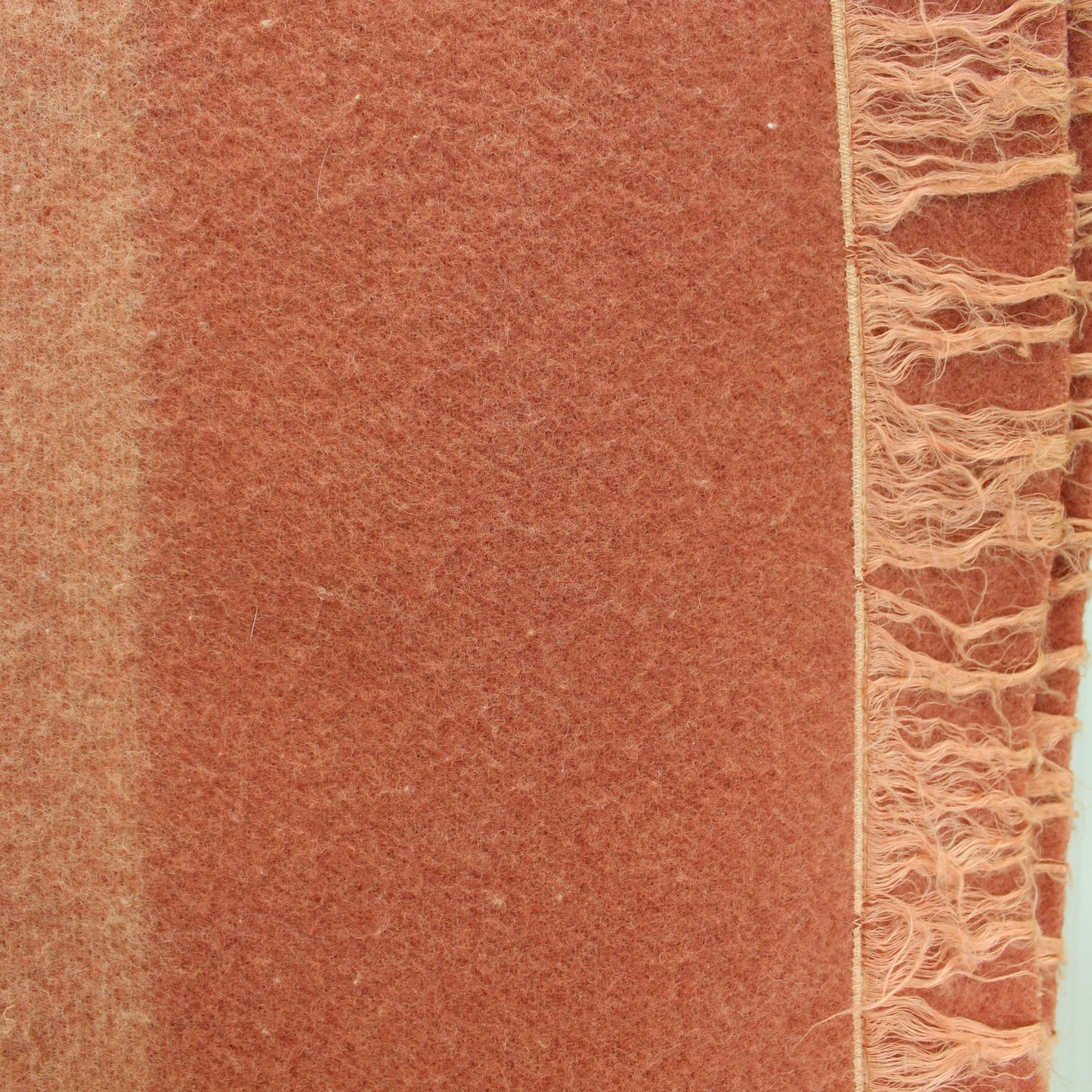 St Marys Ohio Wool Blanket Ombre Pink Rose Fray Binding Special 73" X 82" closeup of frayed binding