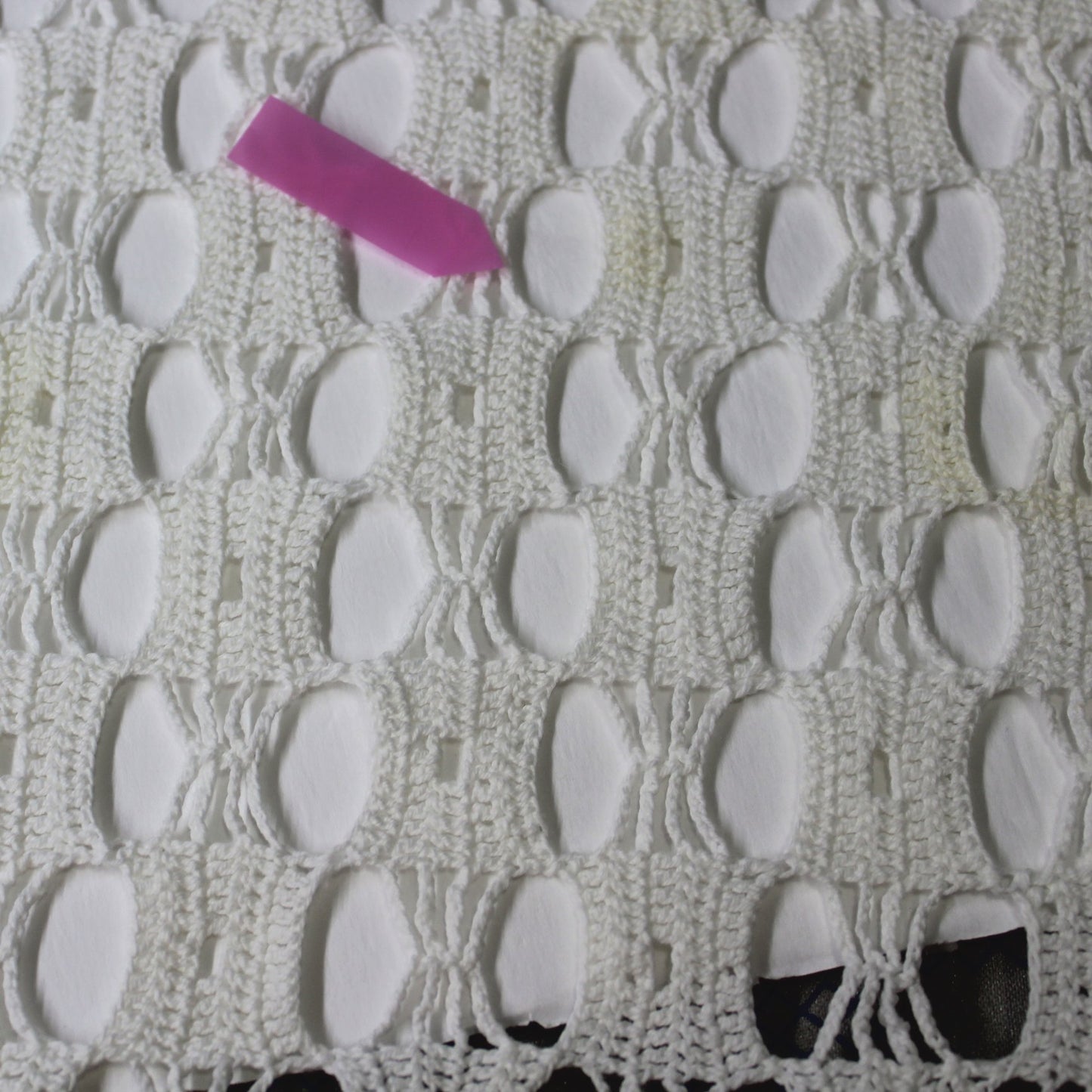 Crochet White Table Cloth Hand Made 75" X 90" addl stain area