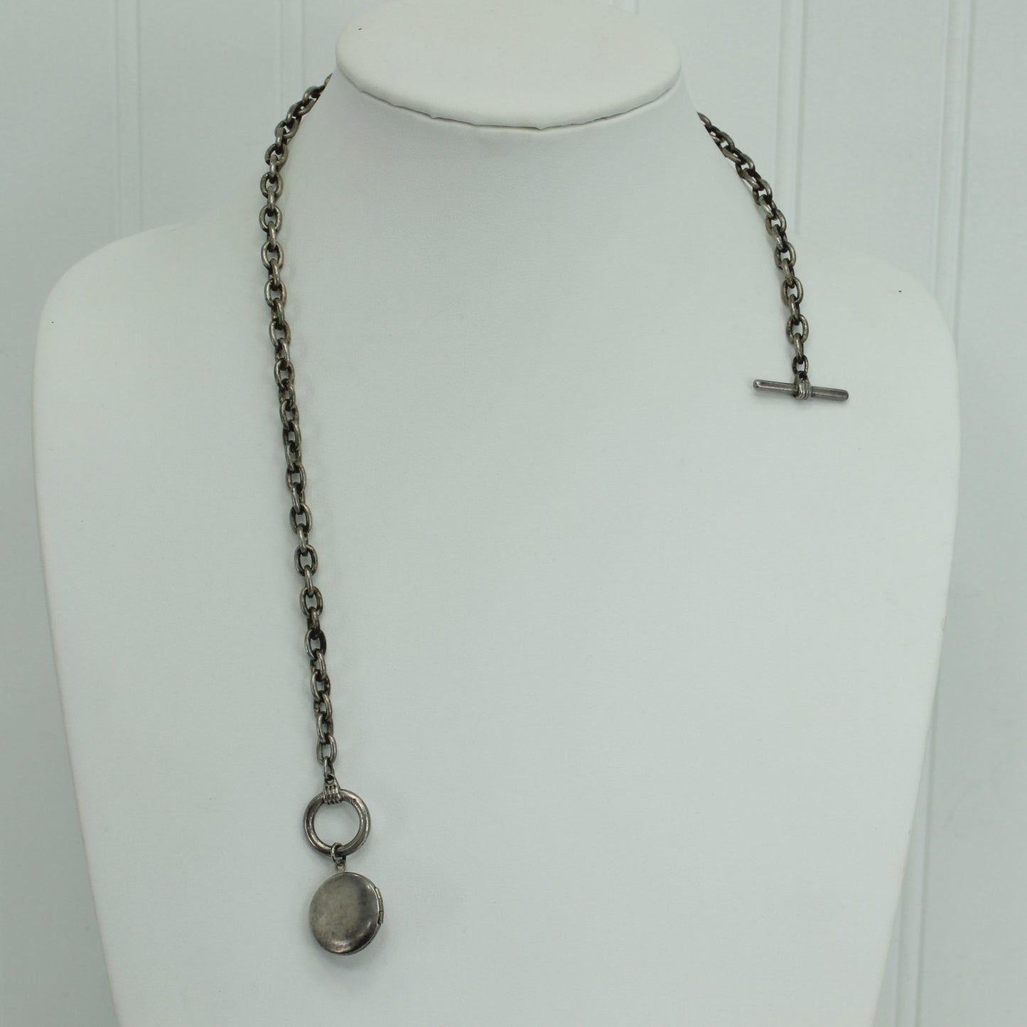 Victorian Watch Fob Locket Silver Metal RS Faux Pearls length of chain