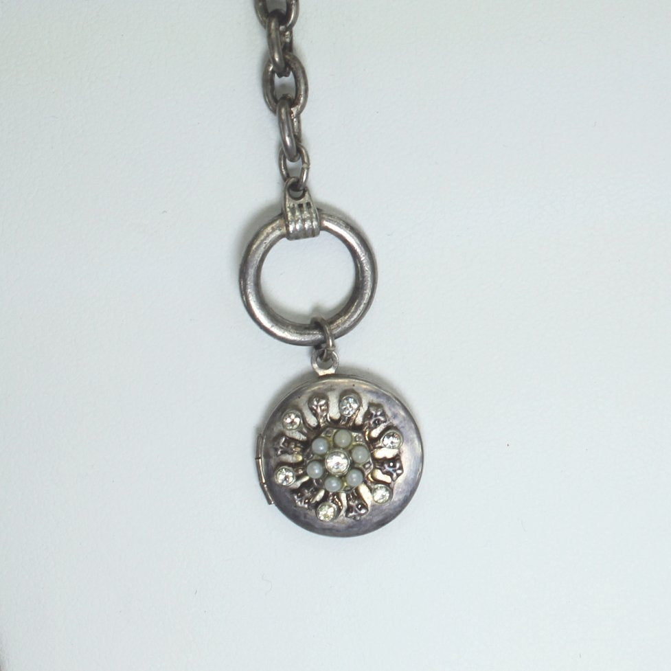 Victorian Watch Fob Locket Silver Metal RS Faux Pearls closeup of locket
