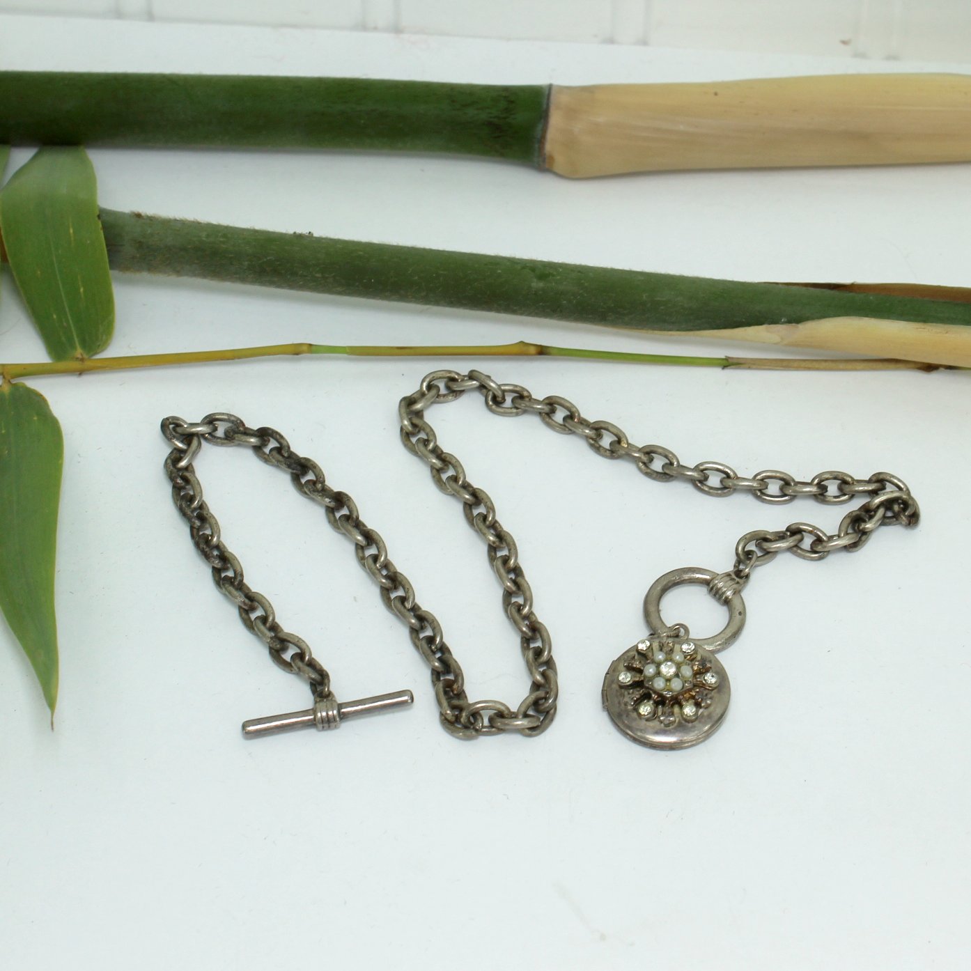 Victorian Watch Fob Locket Silver Metal RS Faux Pearls