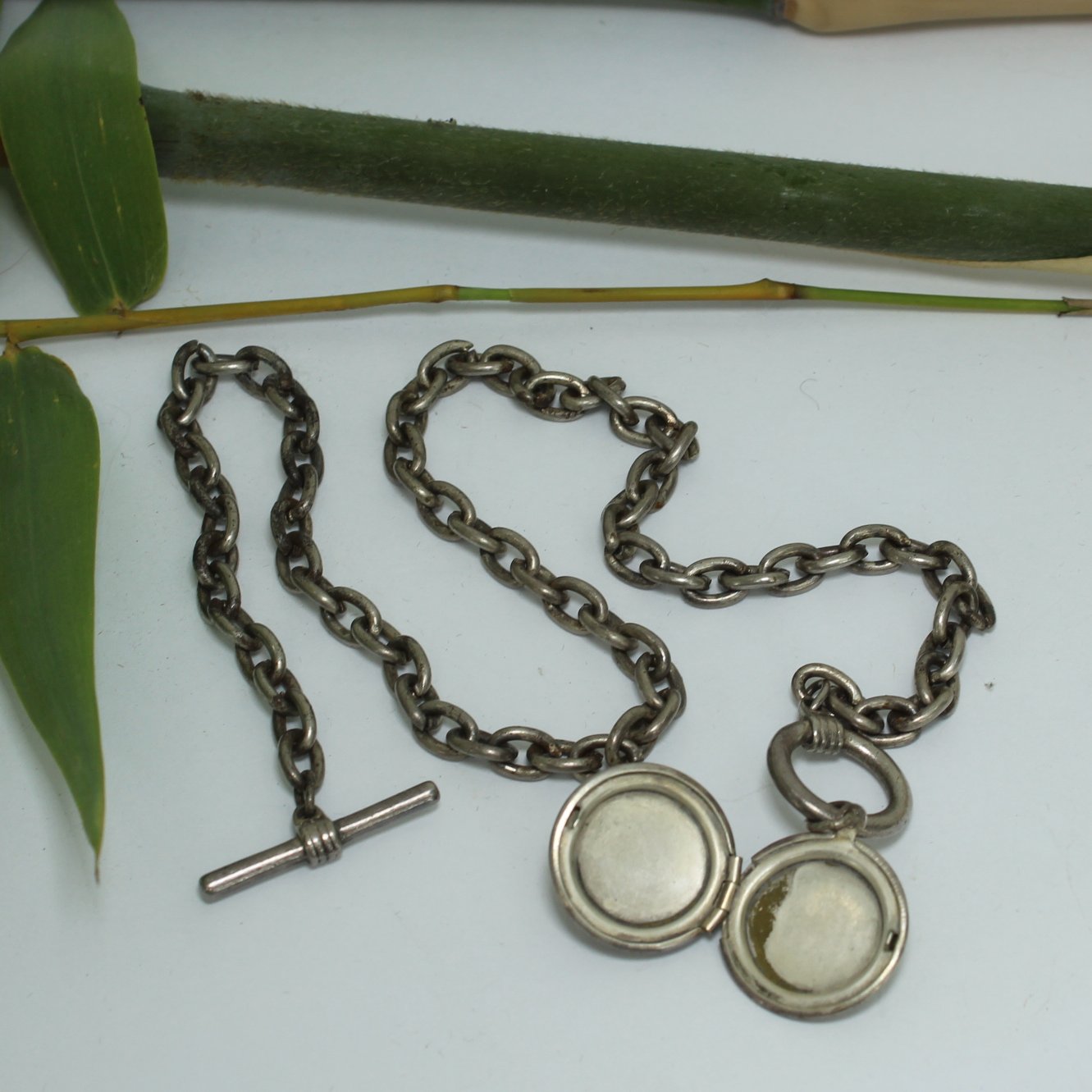 Victorian Watch Fob Locket Silver Metal RS Faux Pearls reverse of locket