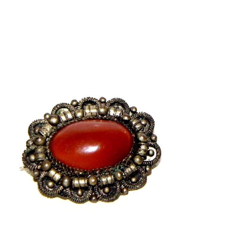 Antique China 2 Pins Brooches Intricate Ivory Brown Stone Estate closeup small oval pin