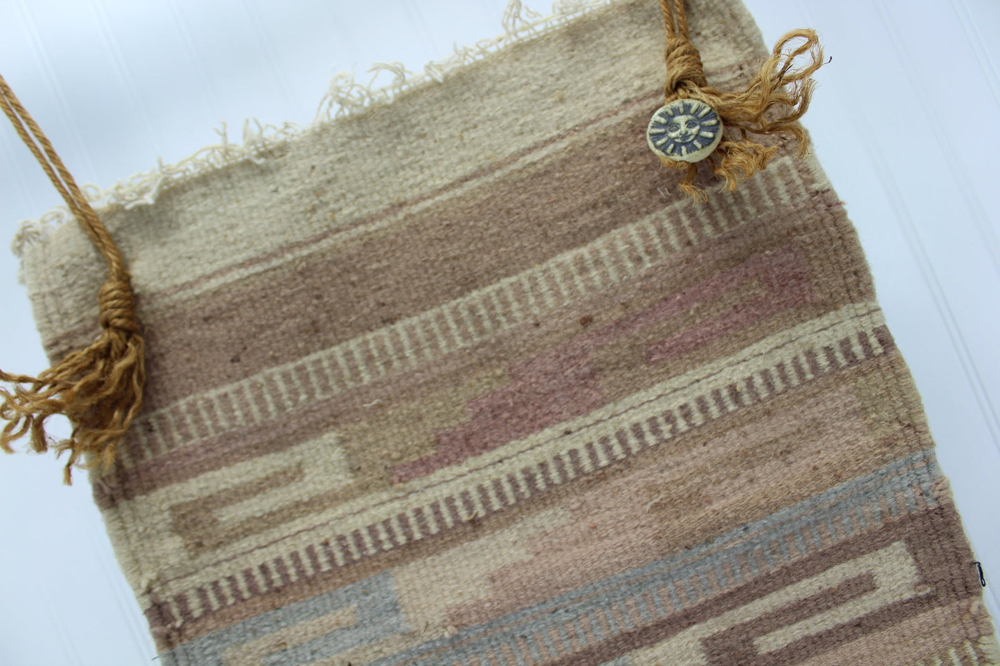 Heavy Wool Woven Wall Hanging from Estate Sun Ceramic Bead organic