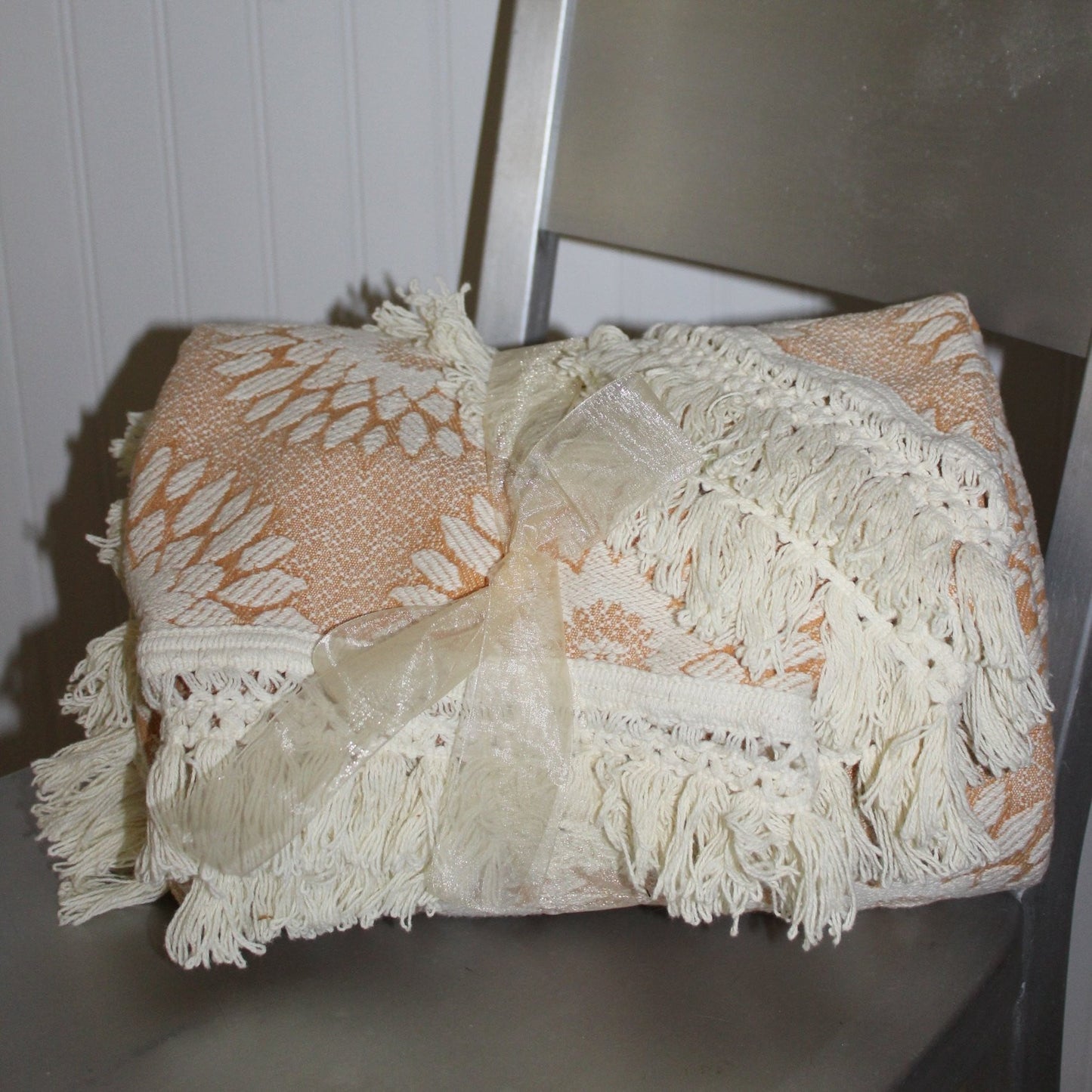 Cone Mills Bedspread Coverlet Tan Ivory Twin Matelasse Woven Cotton Vintage
