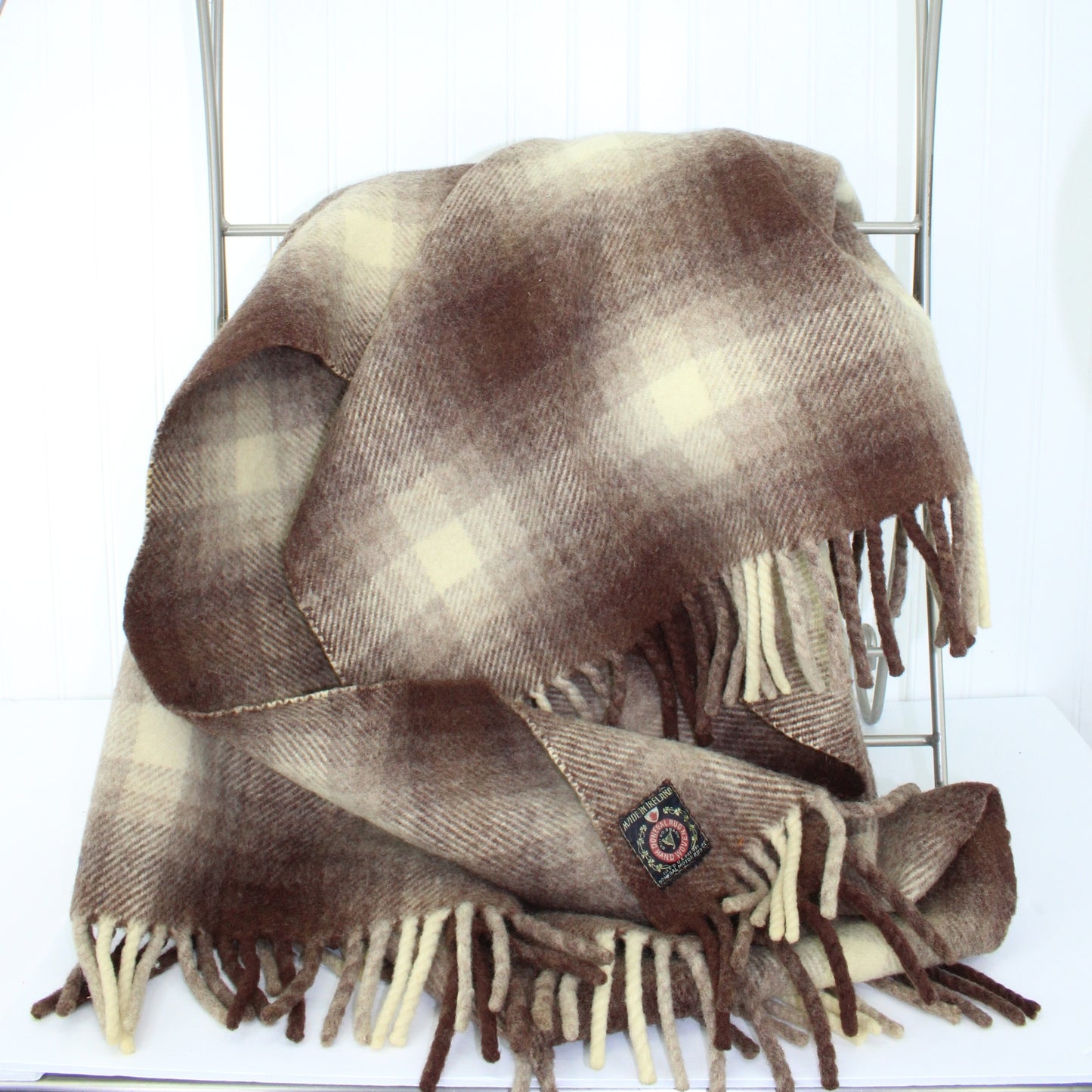Donegal Motor Rug Co. Ireland Travel Rug Blanket Hand Woven Brown Cream Plaid 58" X 72" Dense Warm