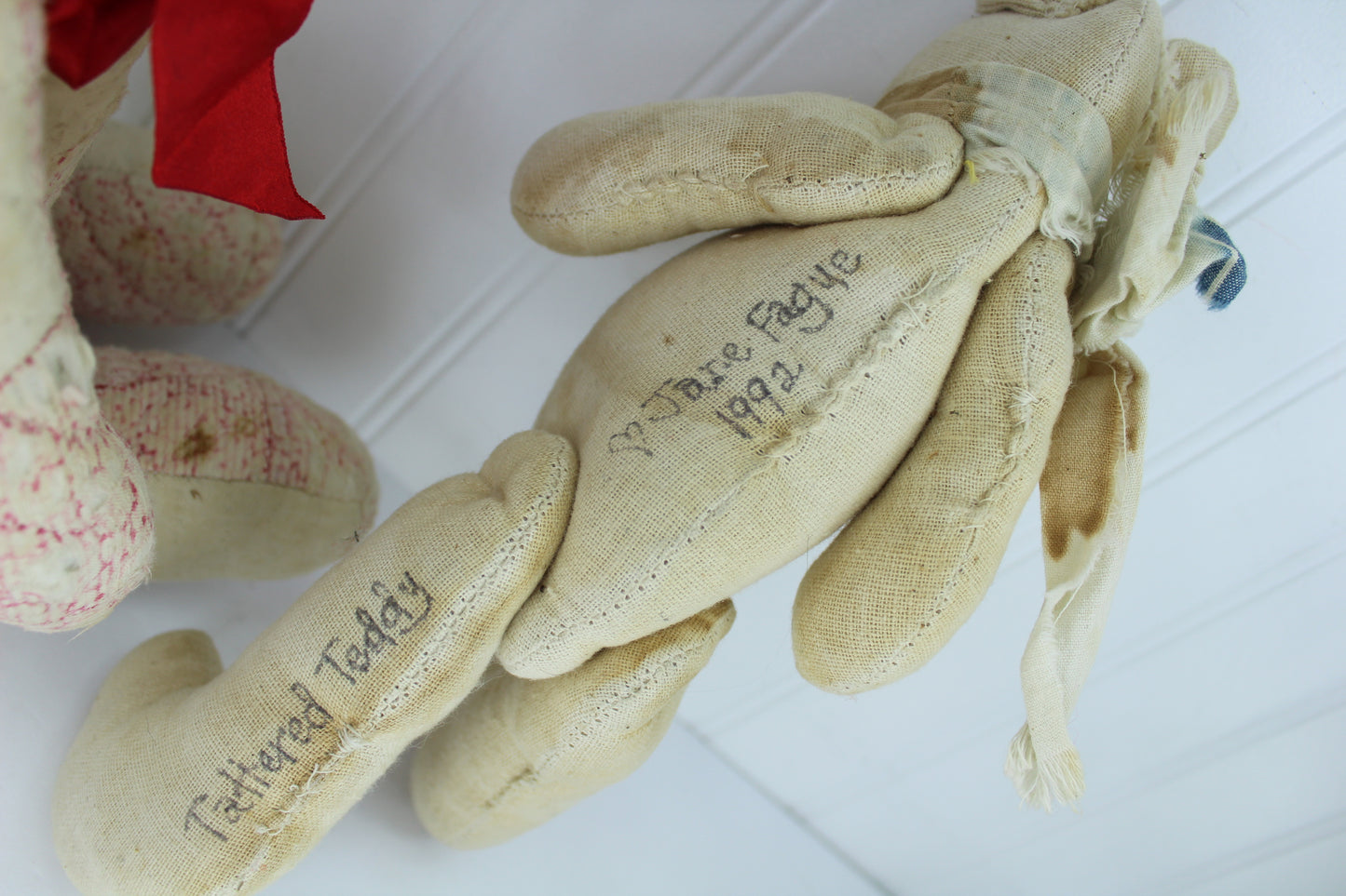 Vintage Hand Crafted Primitive Teddy Bears Old Quilted & Heavy Cotton Both Artisan Marked jane fague