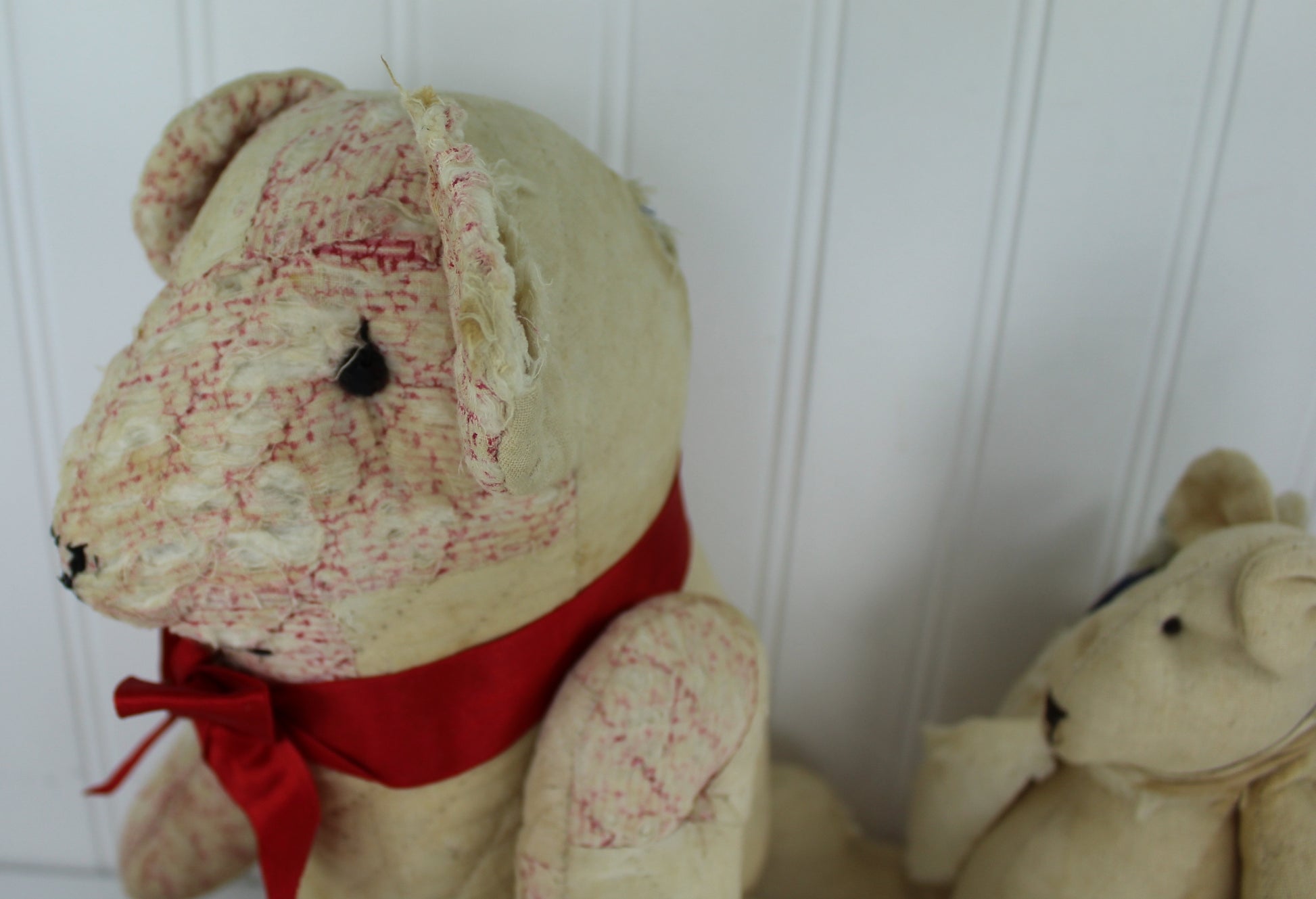 Vintage Hand Crafted Primitive Teddy Bears Old Quilted & Heavy Cotton Both Artisan Marked lovley display bears