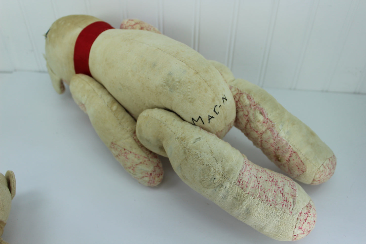 Vintage Hand Crafted Primitive Teddy Bears Old Quilted & Heavy Cotton Both Artisan Marked signed by maker
