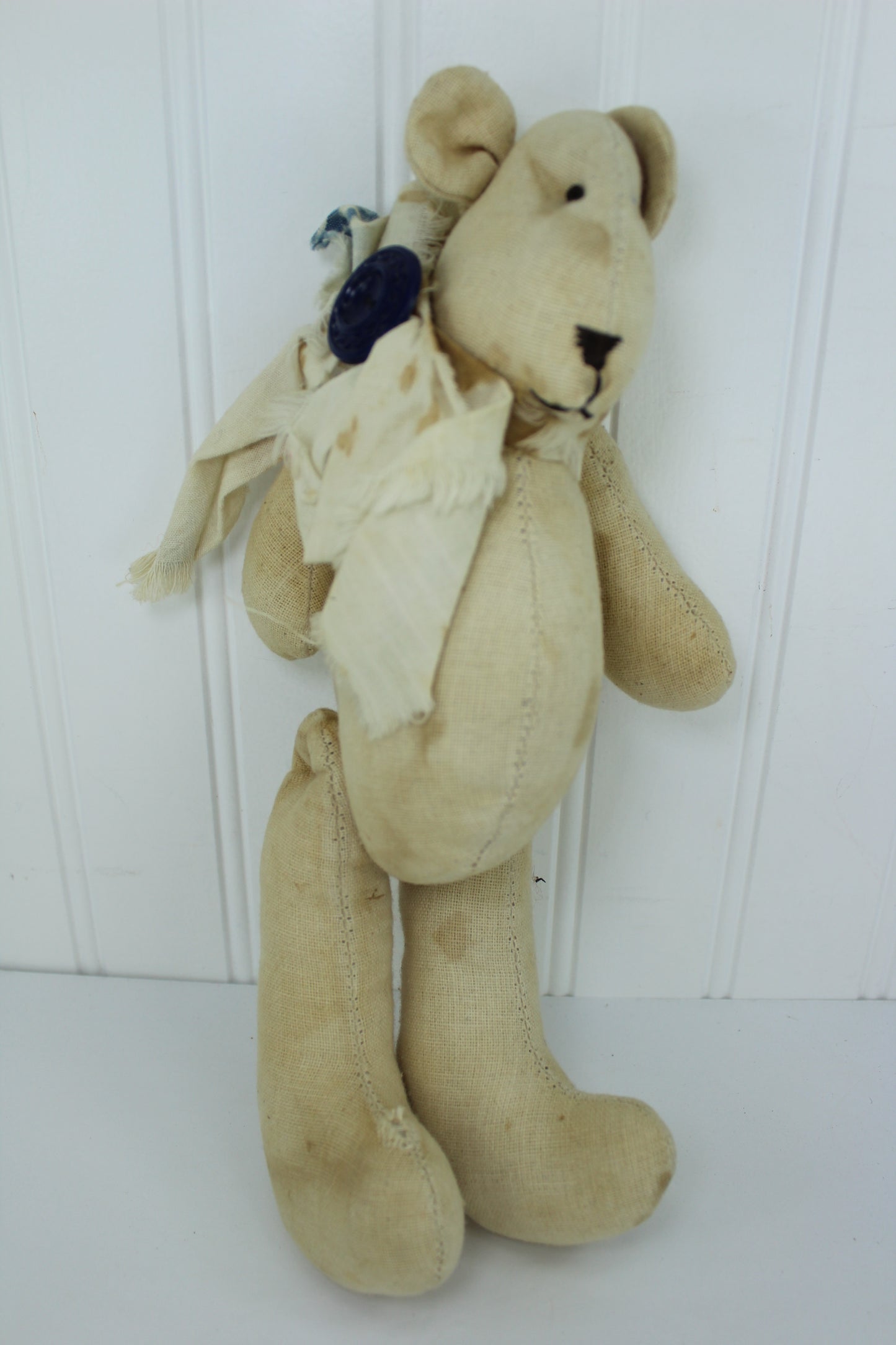 Vintage Hand Crafted Primitive Teddy Bears Old Quilted & Heavy Cotton Both Artisan Marked both bears jointed construction