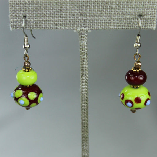 Lampwork Mod Earrings Chartreuse Merlot Polka Dots Shepherd Hook
