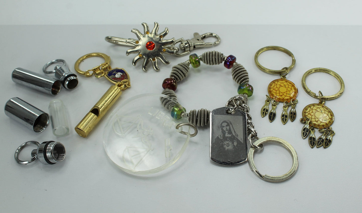 Key Ring Lot 9 Rings Whistle Pill Holder Bead Libra Dream Catcher