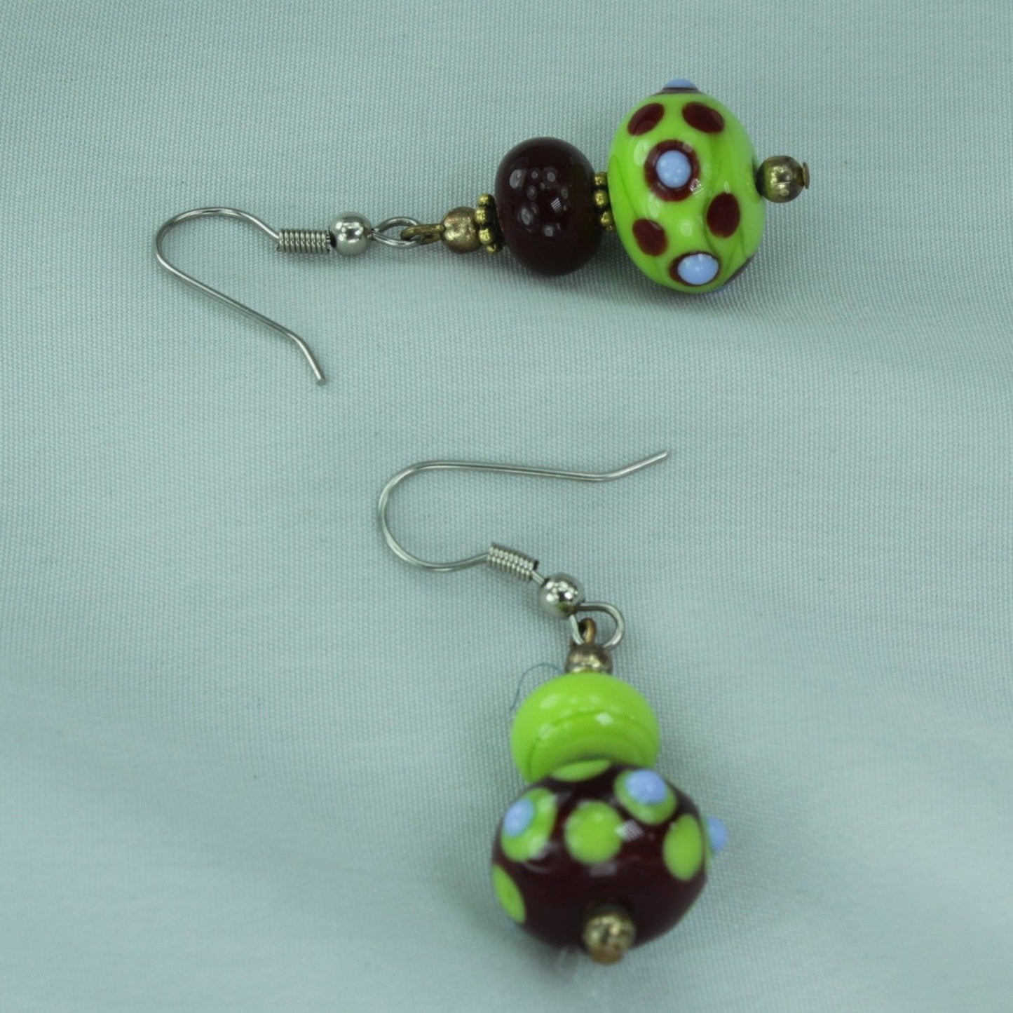 Lampwork Mod Earrings Chartreuse Merlot Polka Dots Shepherd Hook hand made