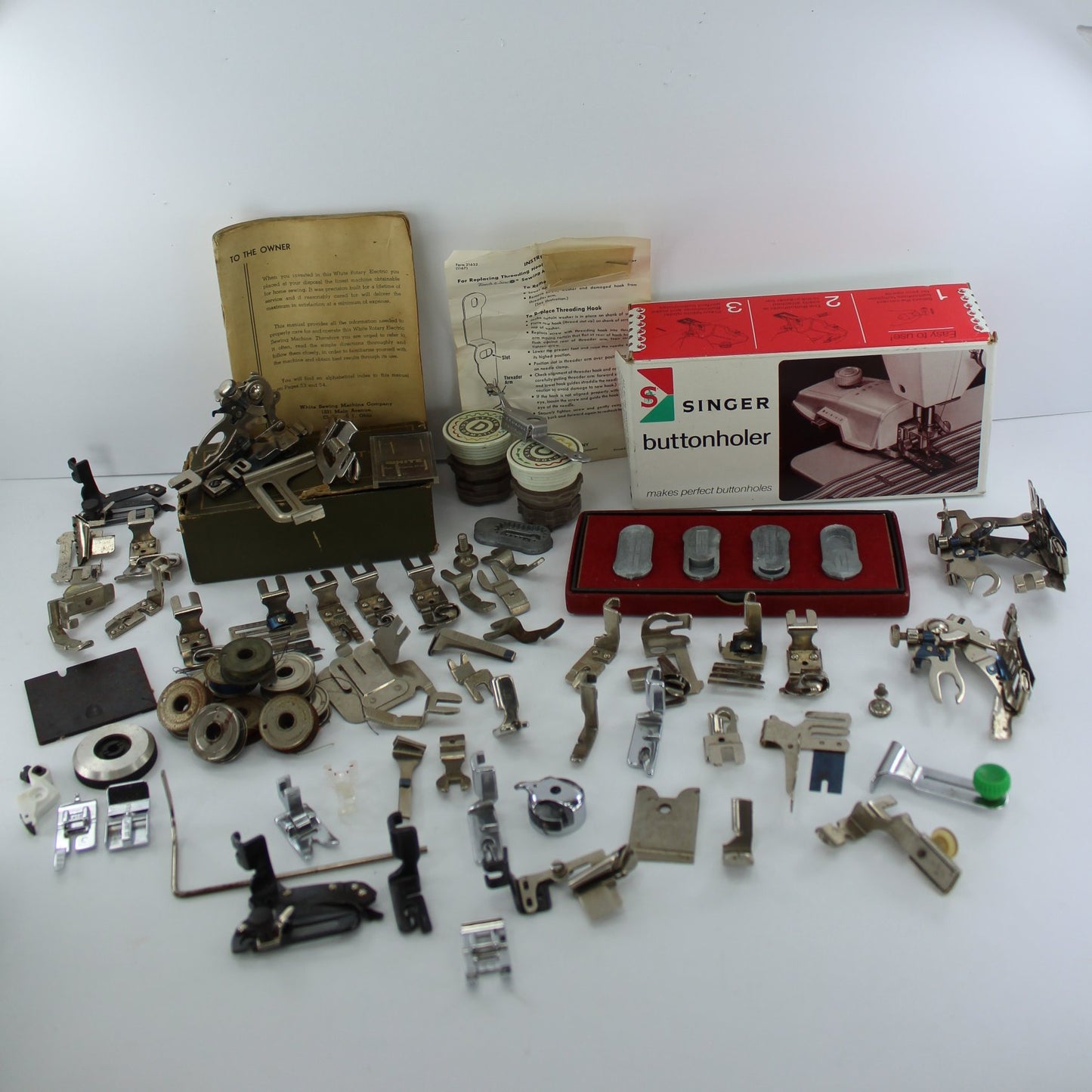 Huge Lot Vintage Sewing Machine 90 Attachments + Bobbins Buttonholers Misc. Singer Simanco Greist Husqvarna