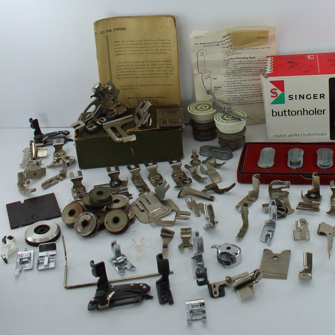Huge Lot Vintage Sewing Machine Attachments Bobbins Singer Simanco Greist Husqvarna lots of sew machine accessories 90 feet