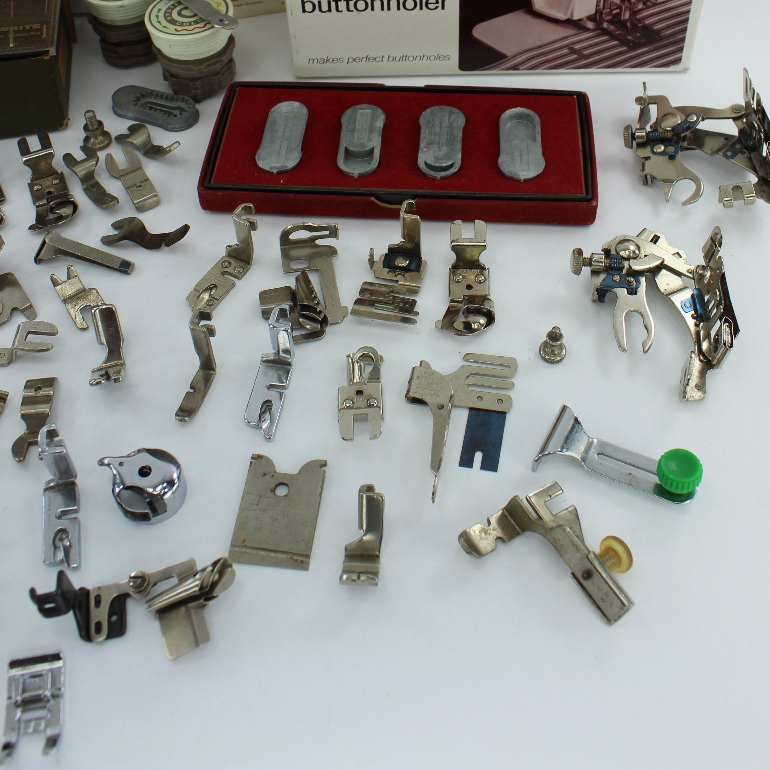 Huge Lot Vintage Sewing Machine Attachments Bobbins Singer Simanco Greist Husqvarna sewing machine feet hemmers buttonholers