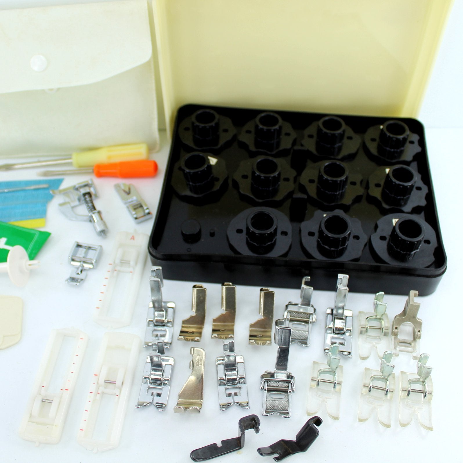 Huge Lot Vintage Sewing Machine Attachments Bobbins Singer Simanco Greist Husqvarna decorative cams