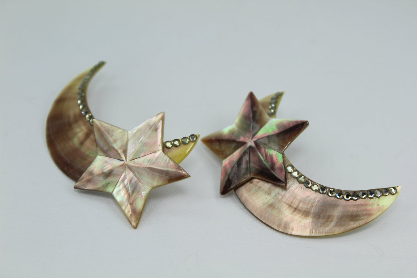 Spectacular Abalone Earrings Moon and Stars Huge 2 1/2" Rhinestone Crescent Post Pierced unusual