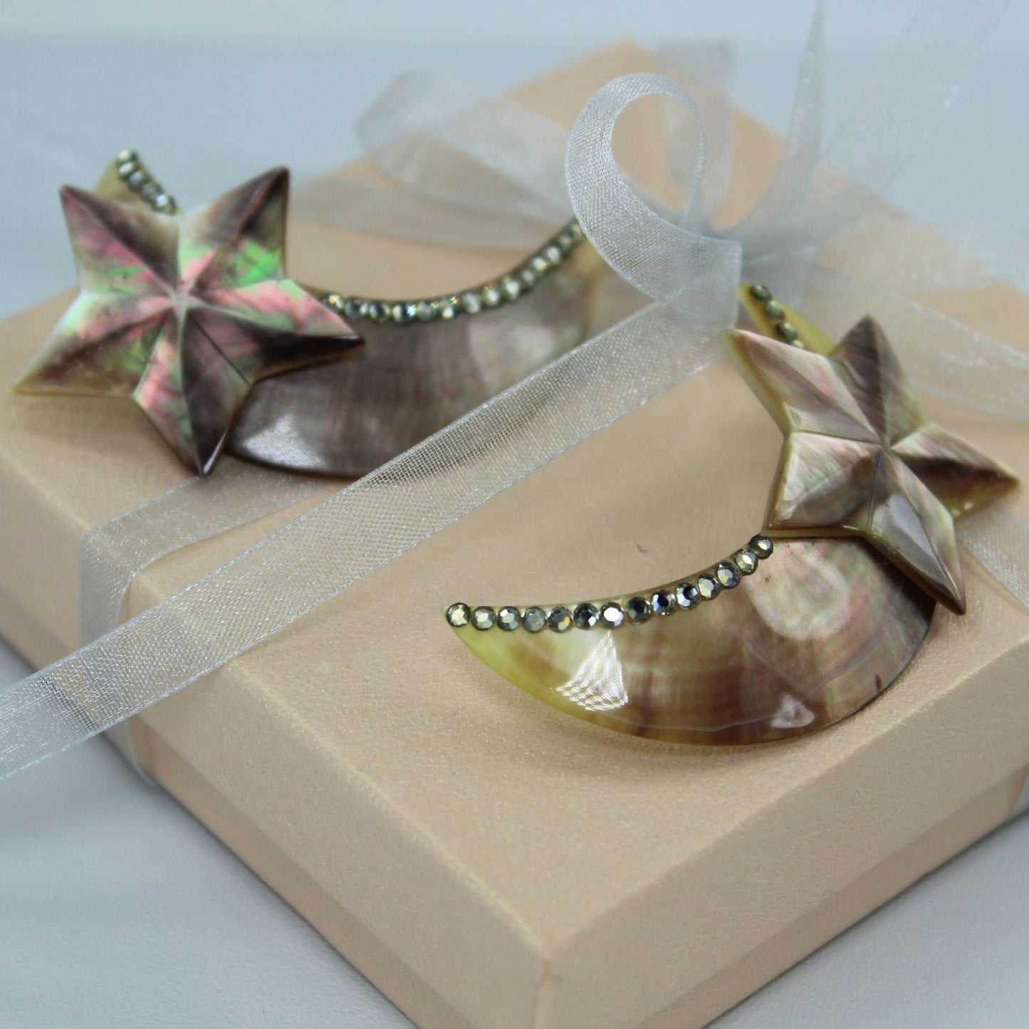 Spectacular Abalone Earrings Moon and Stars Huge 2 1/2" Rhinestone Crescent Post Pierced OOAK