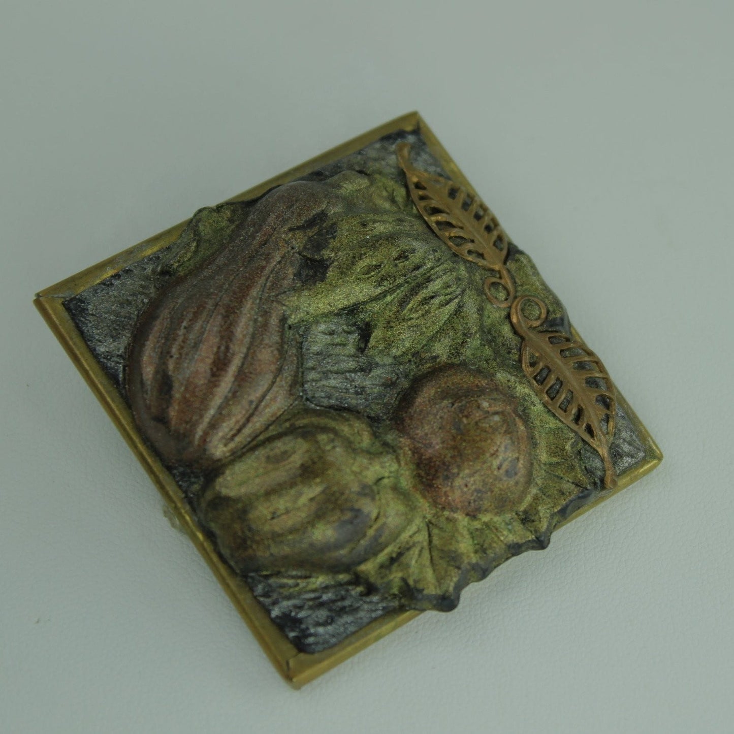 Artisan Vegetable Pin Brooch - Metallic Clay on Glass Eggplant Pepper 2" Square collectible Vintage