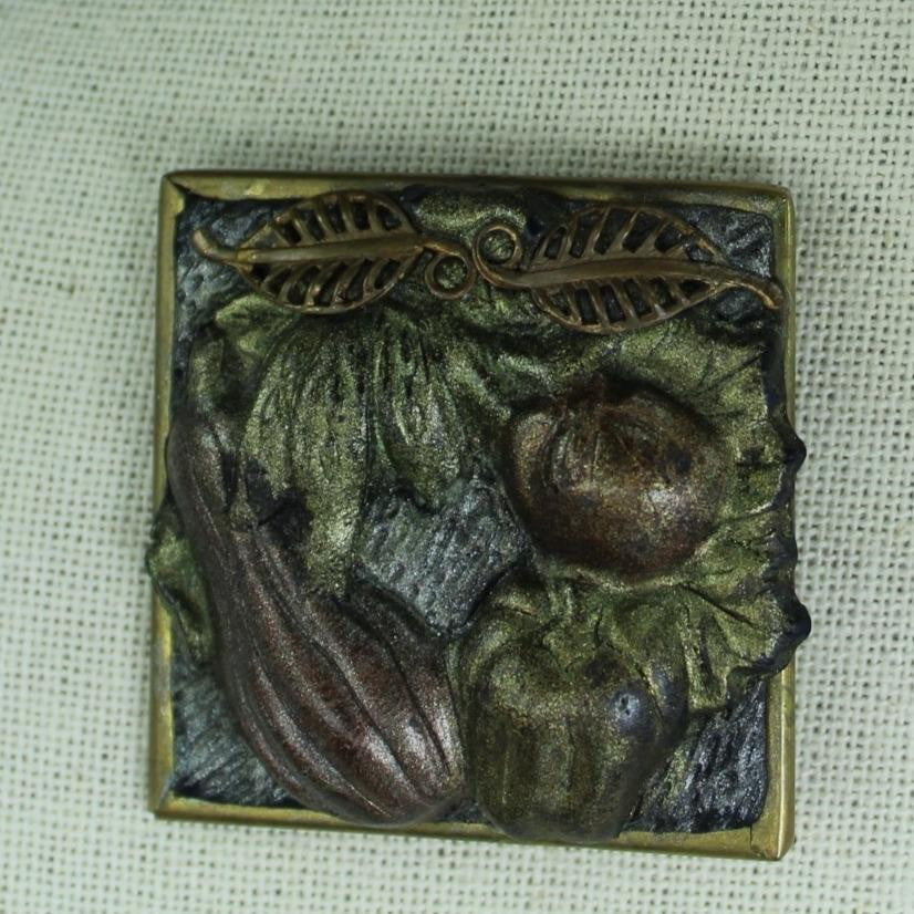 Artisan Vegetable Pin Brooch - Metallic Clay on Glass Eggplant Pepper 2" Square