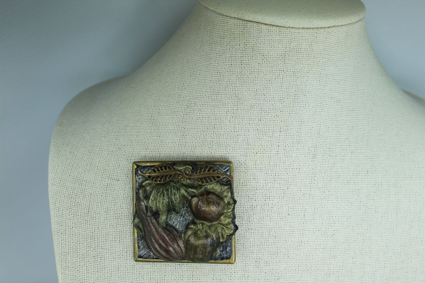 Artisan Vegetable Pin Brooch - Metallic Clay on Glass Eggplant Pepper - 2" Square striking one of kind