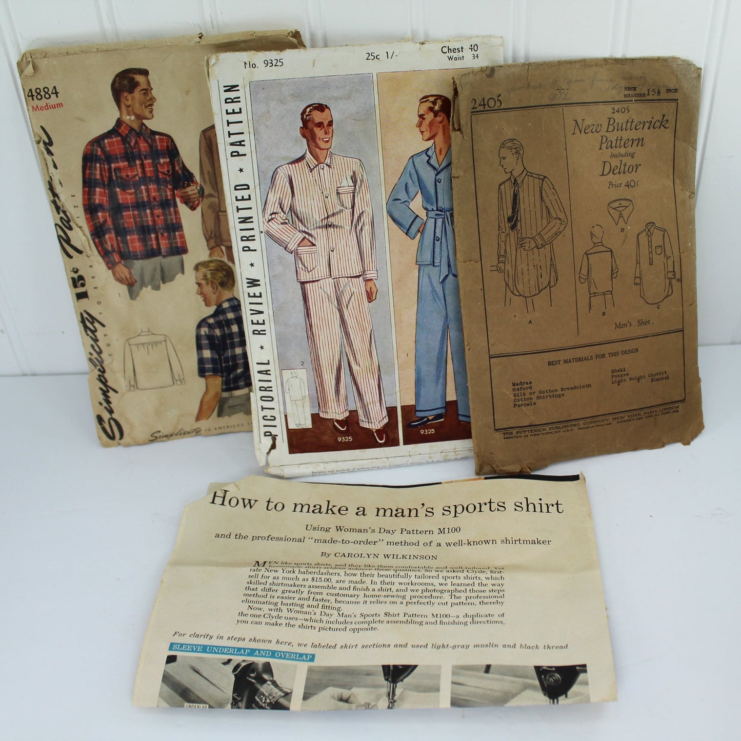 Collection Lot 3 Vintage Antique Sewing Patterns Men's Butterick Deltor early 1900s Pictorial Review PJ's Shirt Jacket 1910 antique deltor pattern