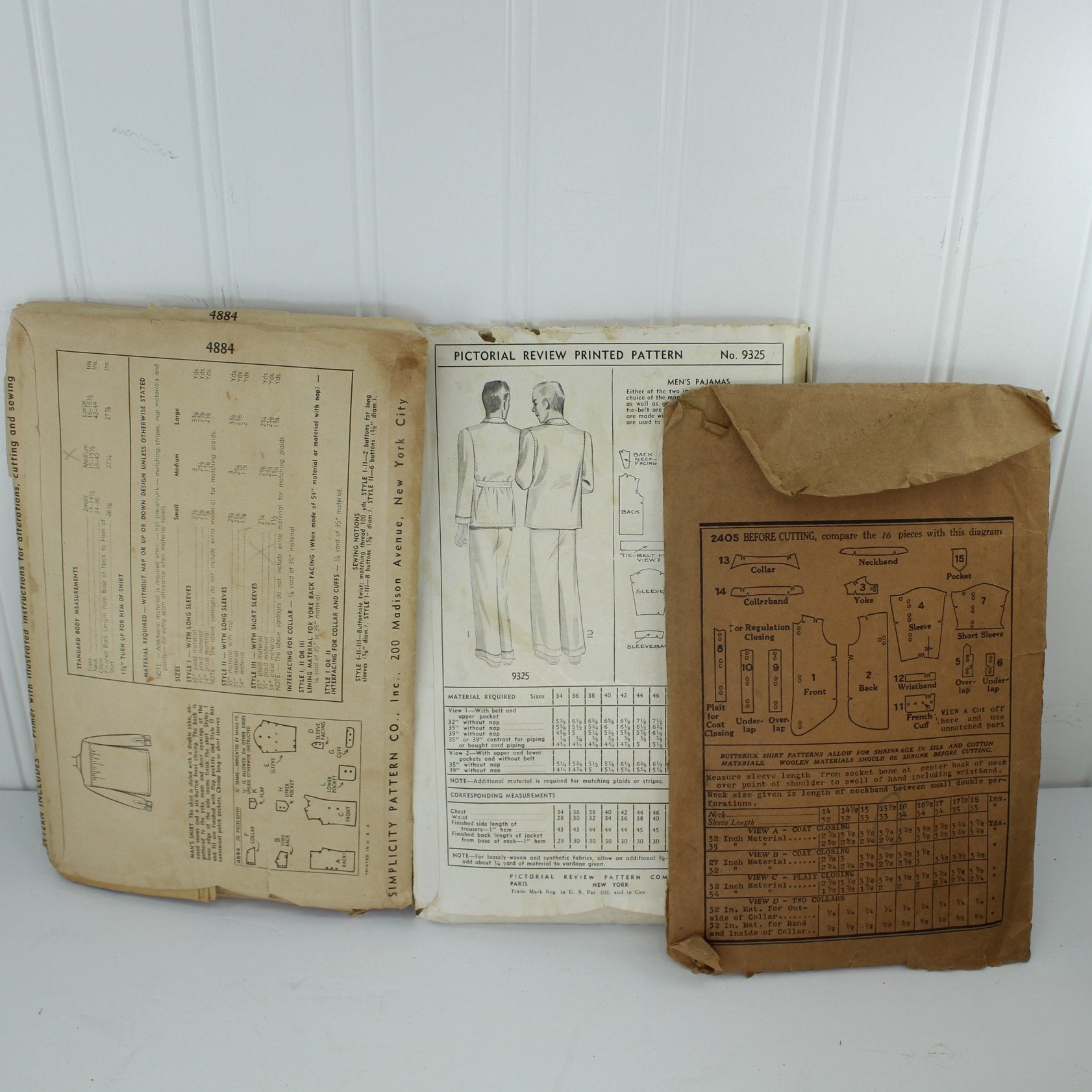 Collection Lot 3 Vintage Antique Sewing Patterns Men's Butterick Deltor early 1900s Pictorial Review PJ's Shirt Jacket very good vintage collectible patterns
