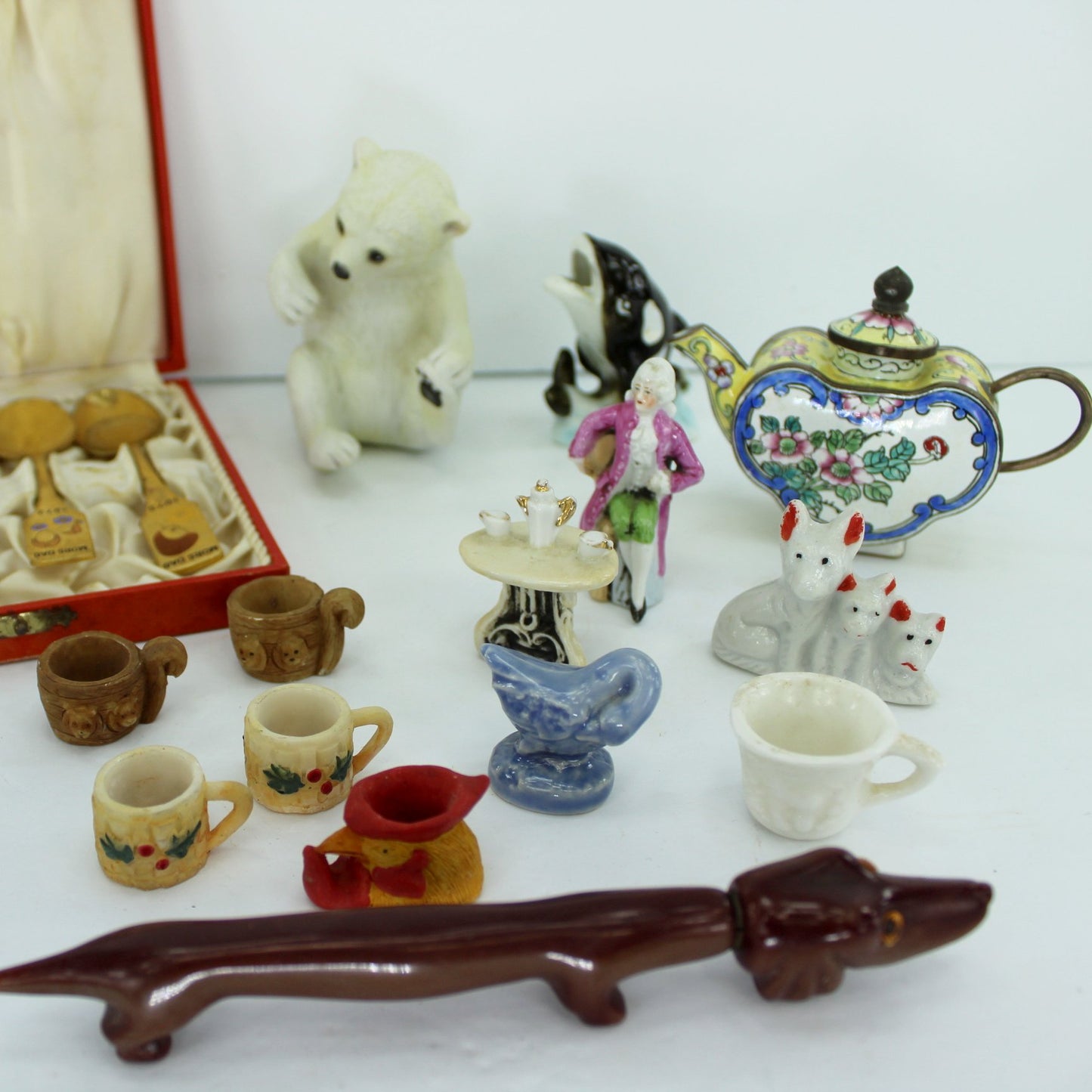 Collection Miniature Small Decor Items from Estates Mors Dag Denmark Cloissone Teapot Porcelain Animals porcelain mini dog figurine