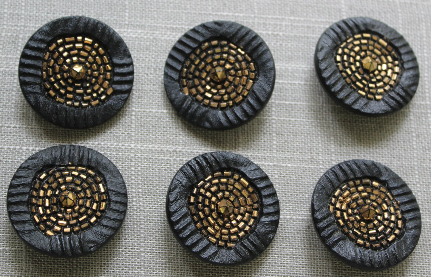 LA MODE Black Glass Buttons 1 3/8" Vintage Collection 6 Gold Sequin Center shiny