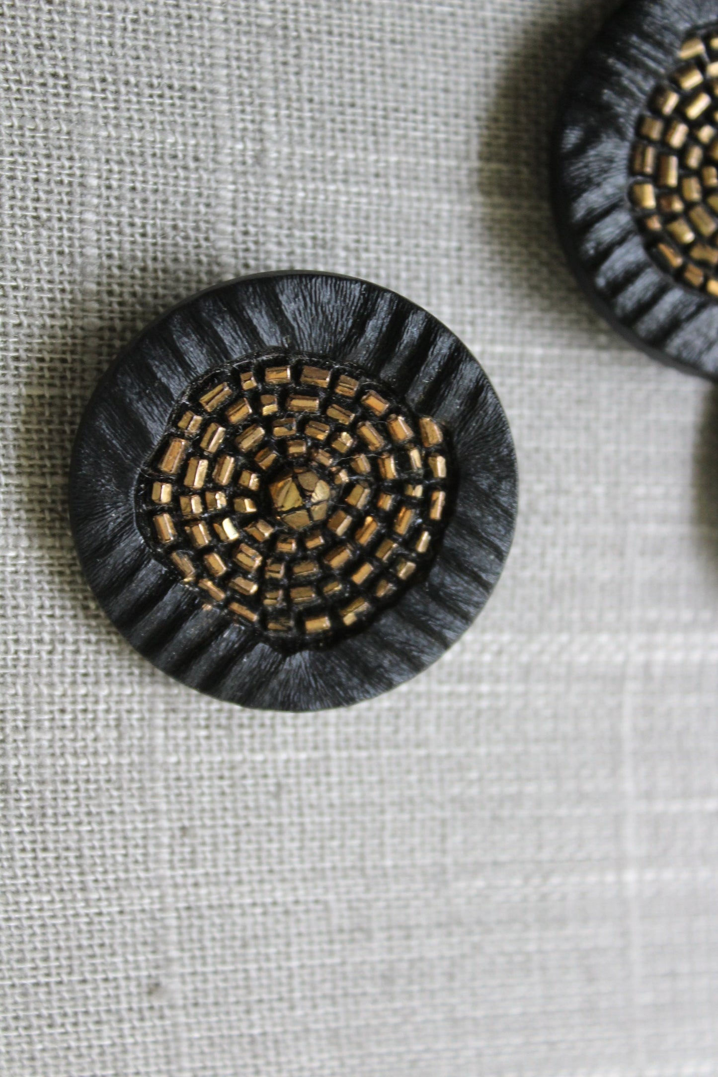 LA MODE Black Glass Buttons 1 3/8" Vintage Collection 6 Gold Sequin Center formal