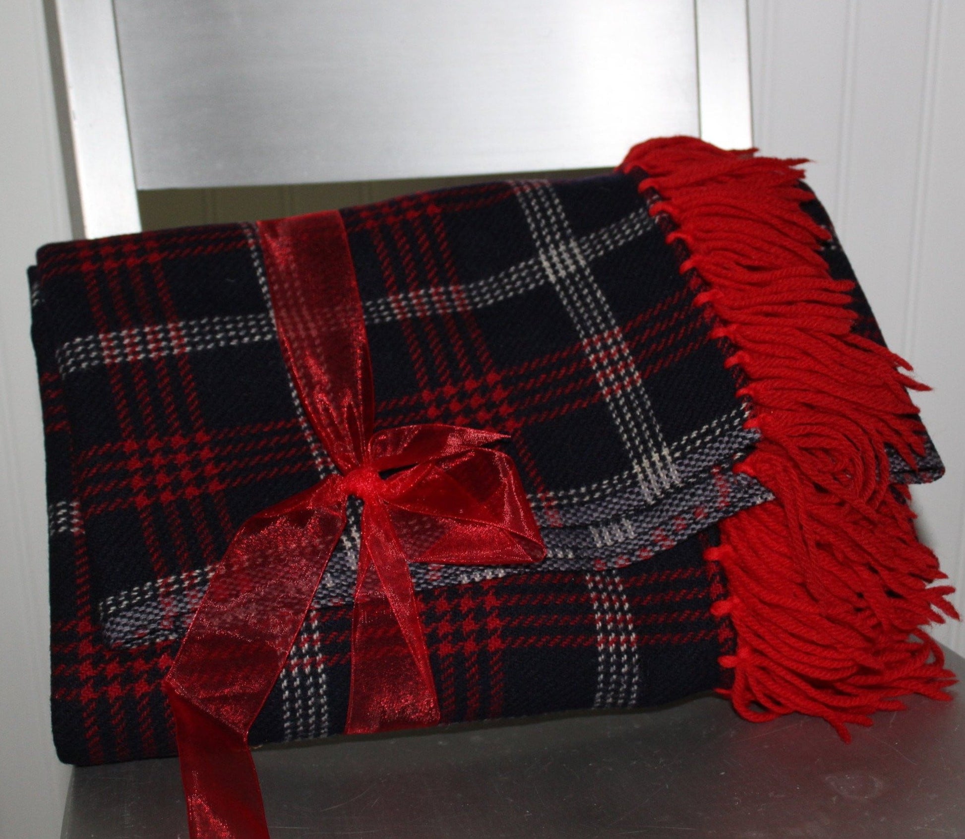 Hand Made Throw Blanket Red White Navy Light Dense Fabric Wool Yarn Fringe 57" X 52"