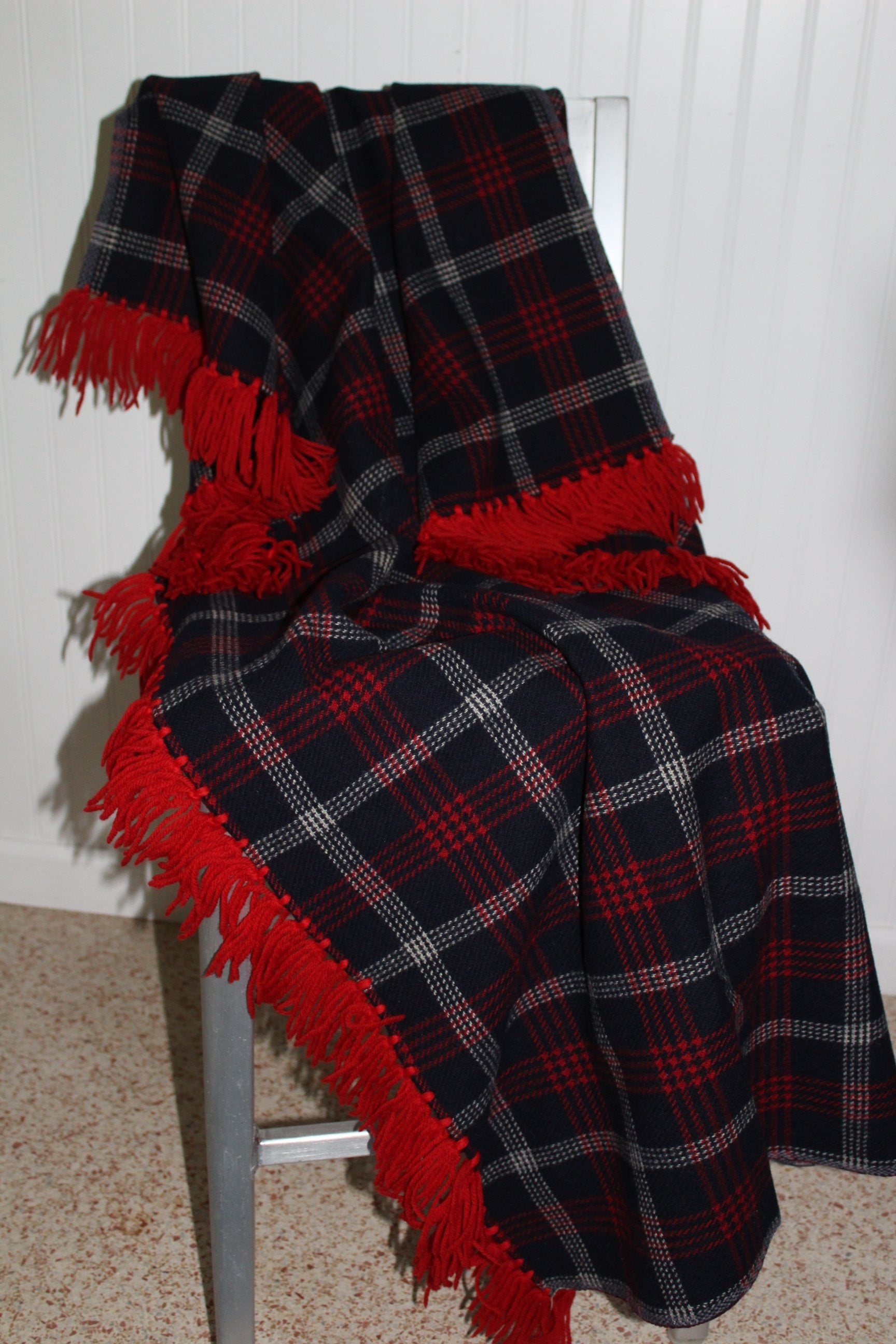 Hand Made Throw Blanket Red White Navy Light Dense Fabric Wool Yarn Fringe 57" X 52"