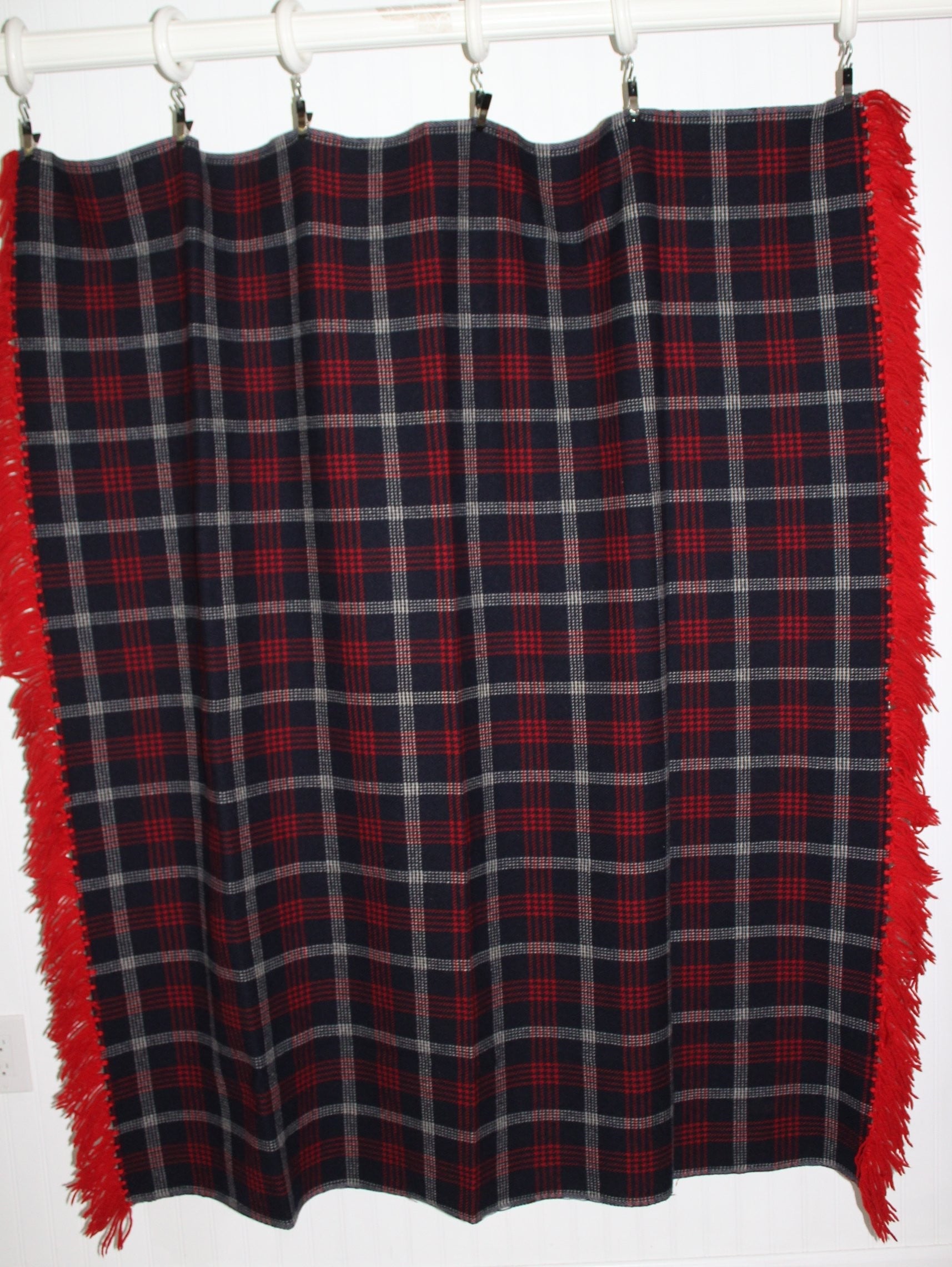 Hand Made Throw Blanket Red White Navy Light Dense Fabric Wool Yarn Fringe 57" X 52" used