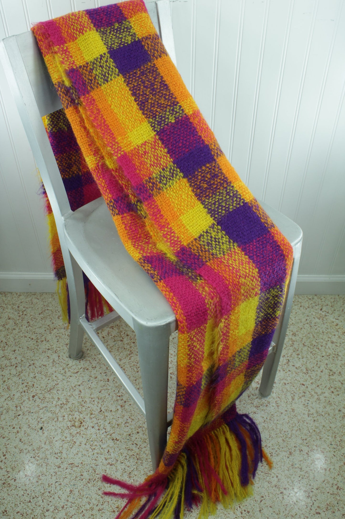 Wool Mohair Throw Scarf Modern Plaid 36 X 72 Pink Orange Yellow 7" fringe vibrant